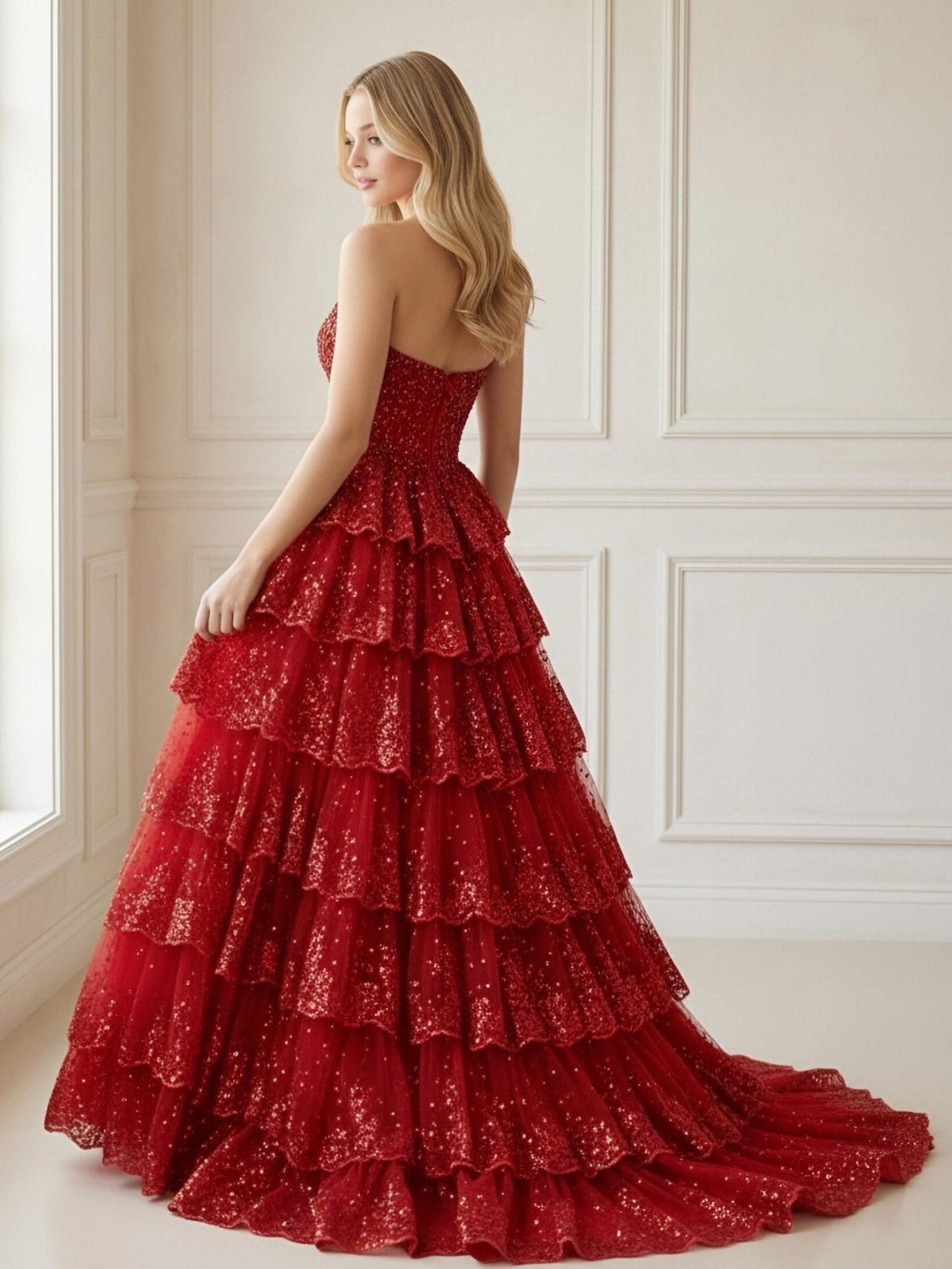 Tiered Lace Appliques Strapless Tulle Sleeveless A Line Prom Dresses