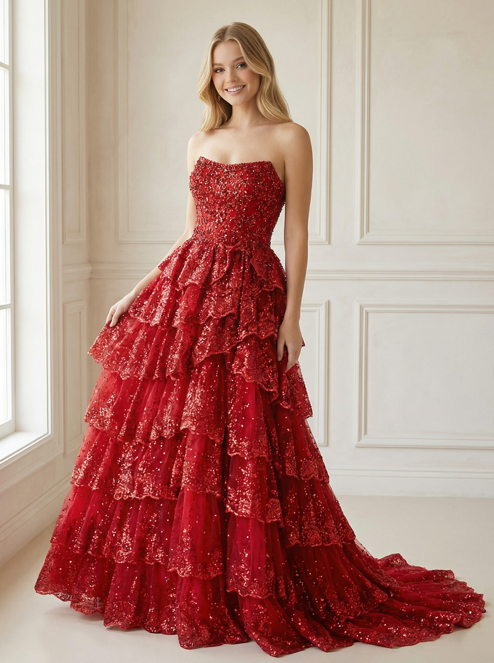 Tiered Lace Appliques Strapless Tulle Sleeveless A Line Prom Dresses