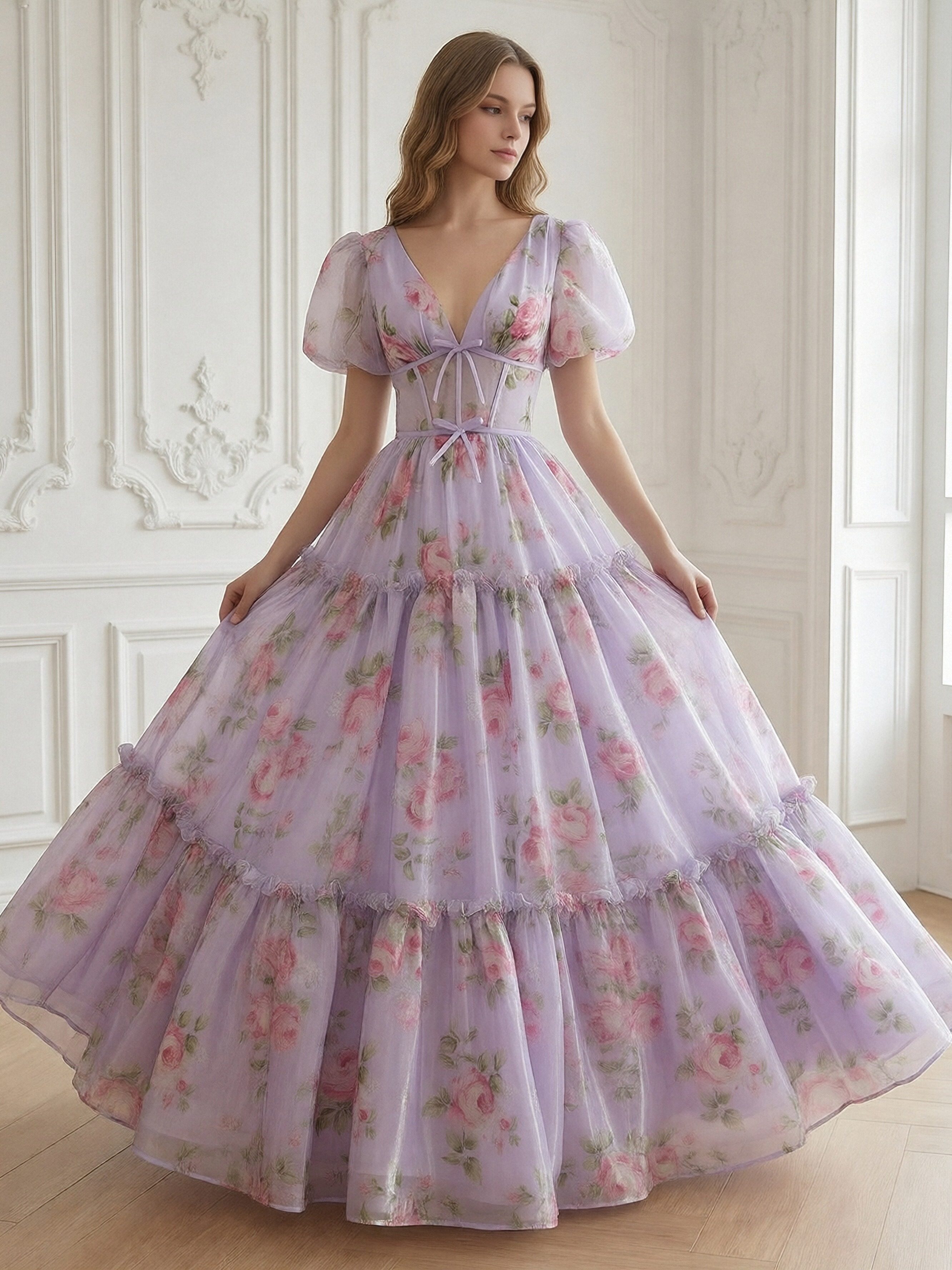 V Neck Tiered Short Sleeves Floral Print A Line Prom Dresses