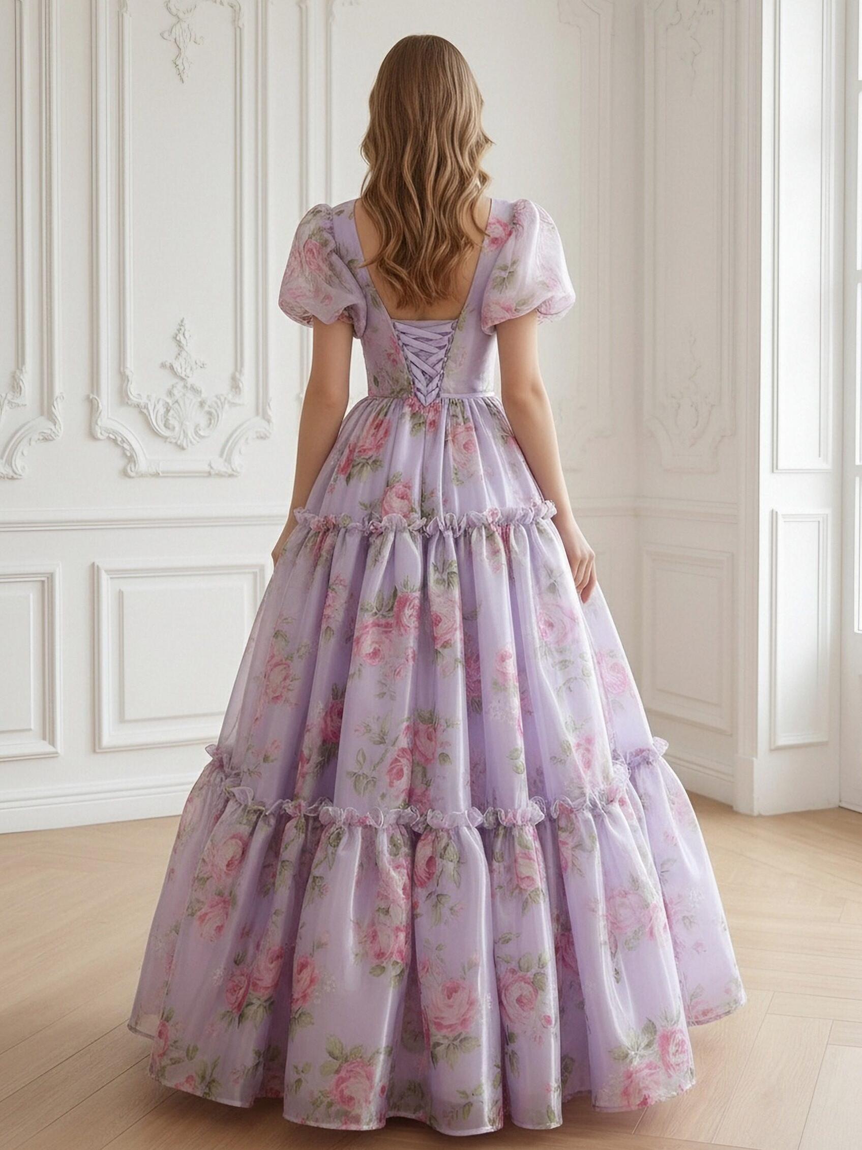 V Neck Tiered Short Sleeves Floral Print A Line Prom Dresses