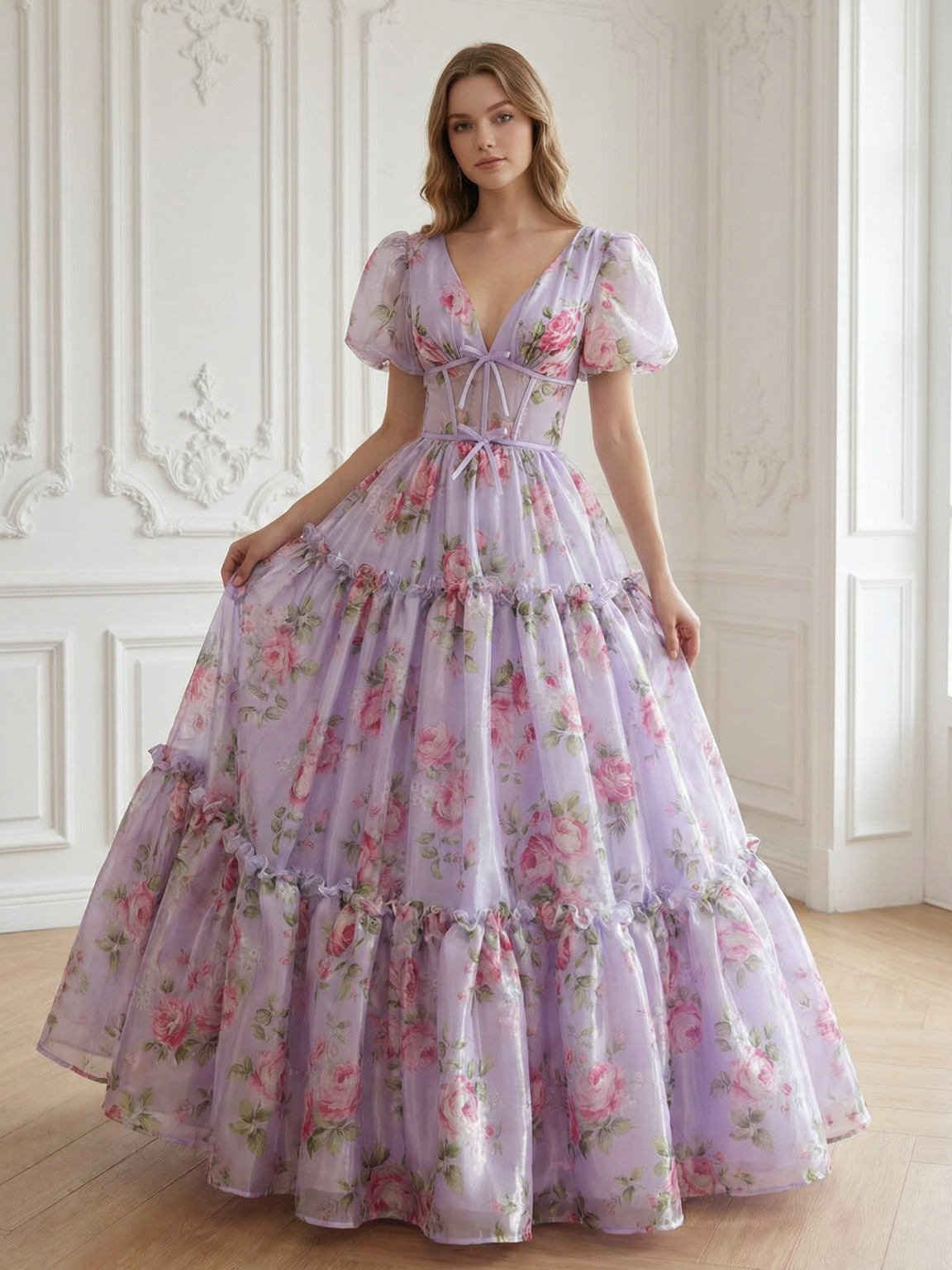 V Neck Tiered Short Sleeves Floral Print A Line Prom Dresses