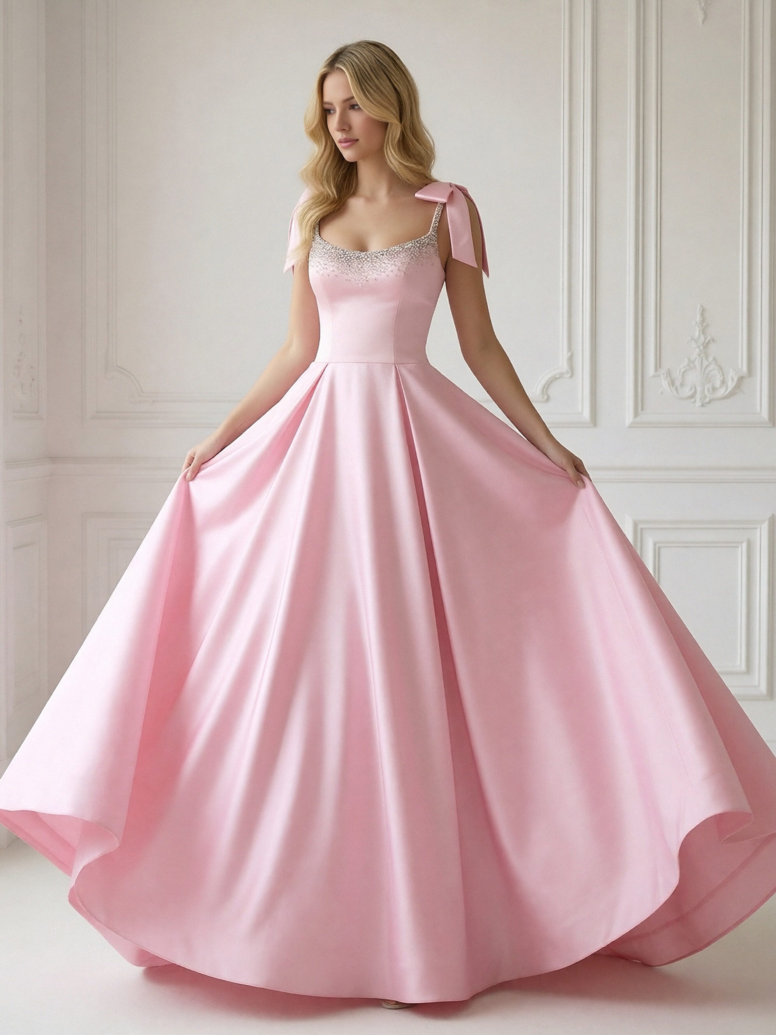 Bow Spaghetti Straps Cowl Neck Satin A Line Prom Dresses