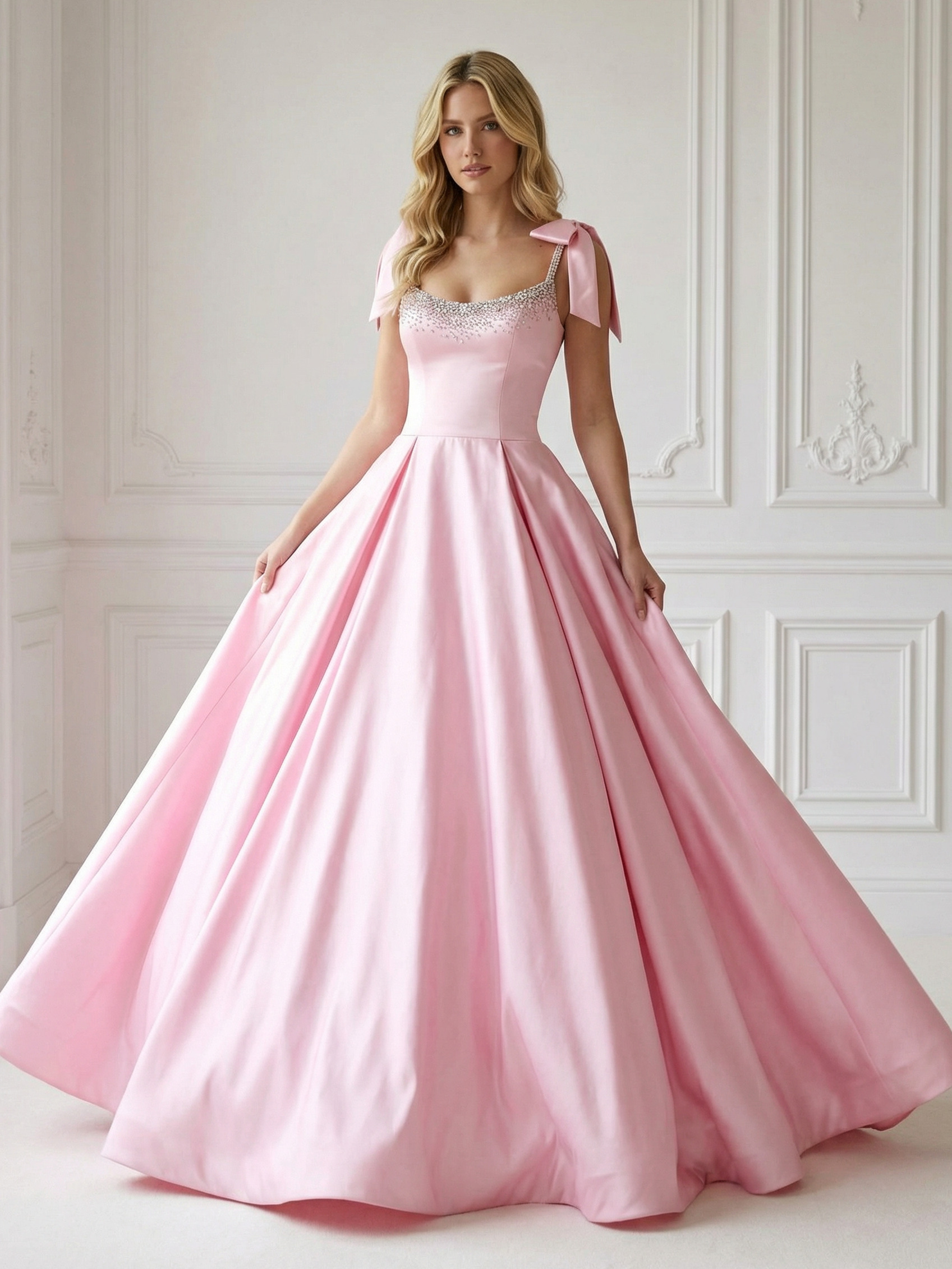 Bow Spaghetti Straps Cowl Neck Satin A Line Prom Dresses