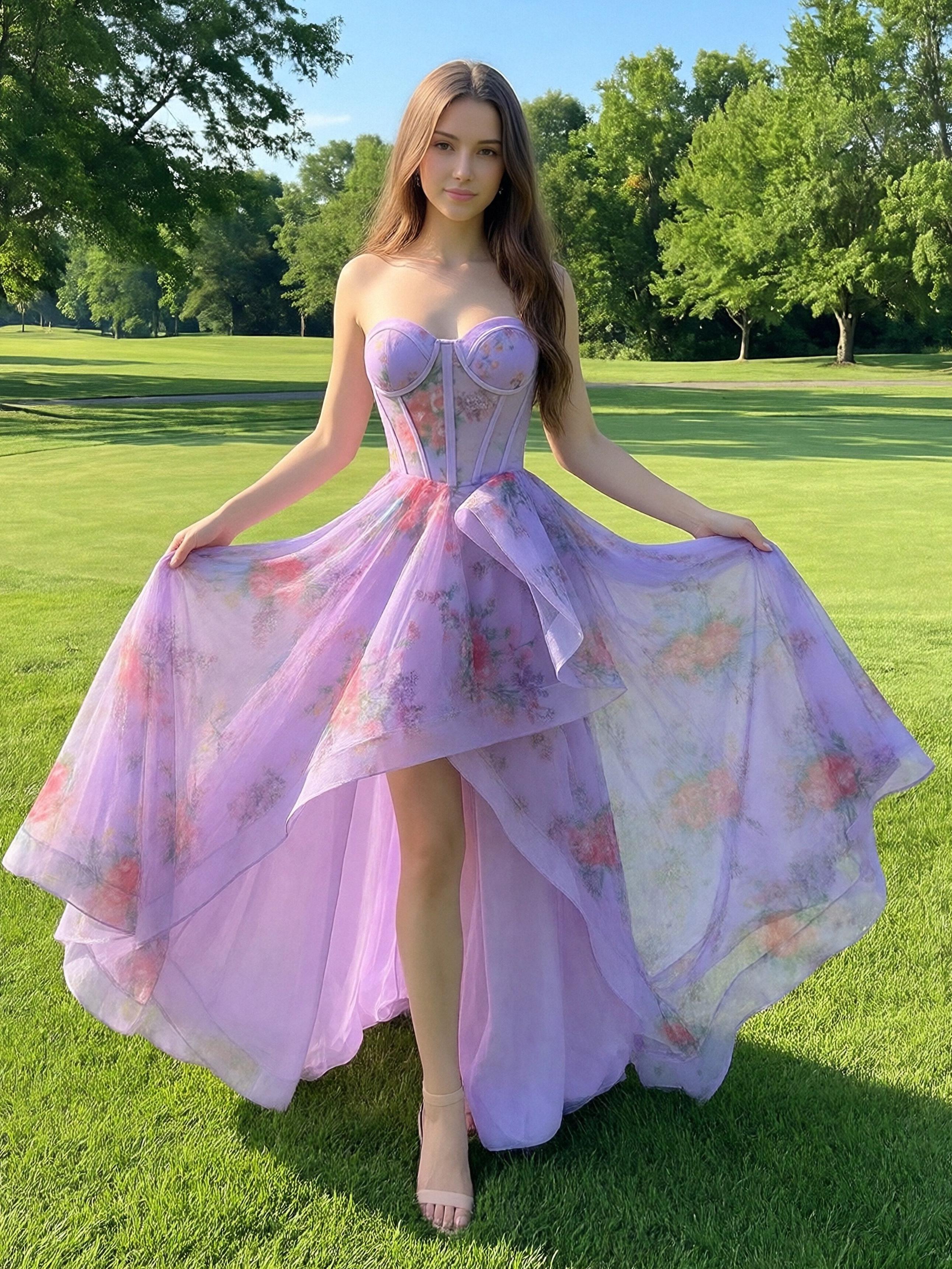 Floral Print Strapless Pleated A Line Prom Dresses with Slit