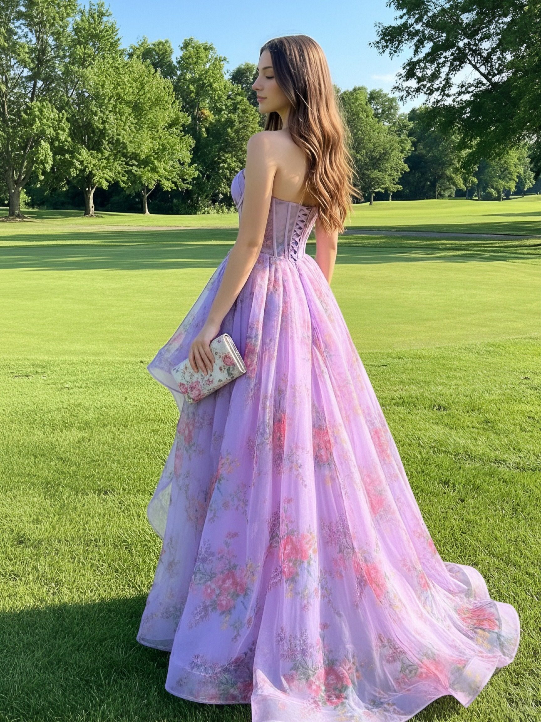 Floral Print Strapless Pleated A Line Prom Dresses with Slit