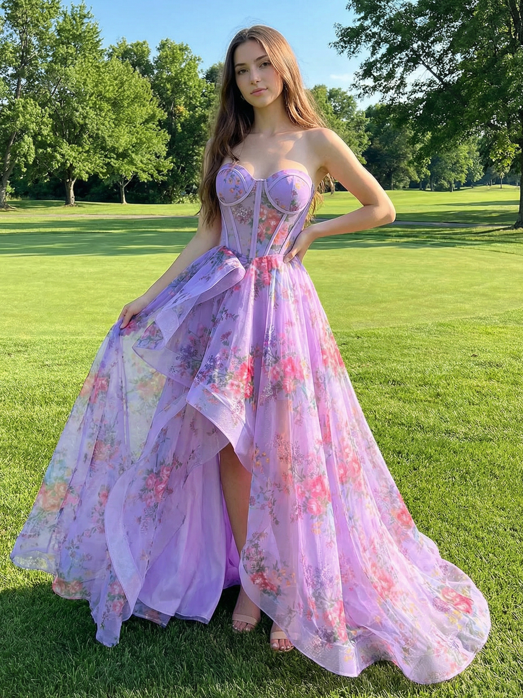 Floral Print Strapless Pleated A Line Prom Dresses with Slit