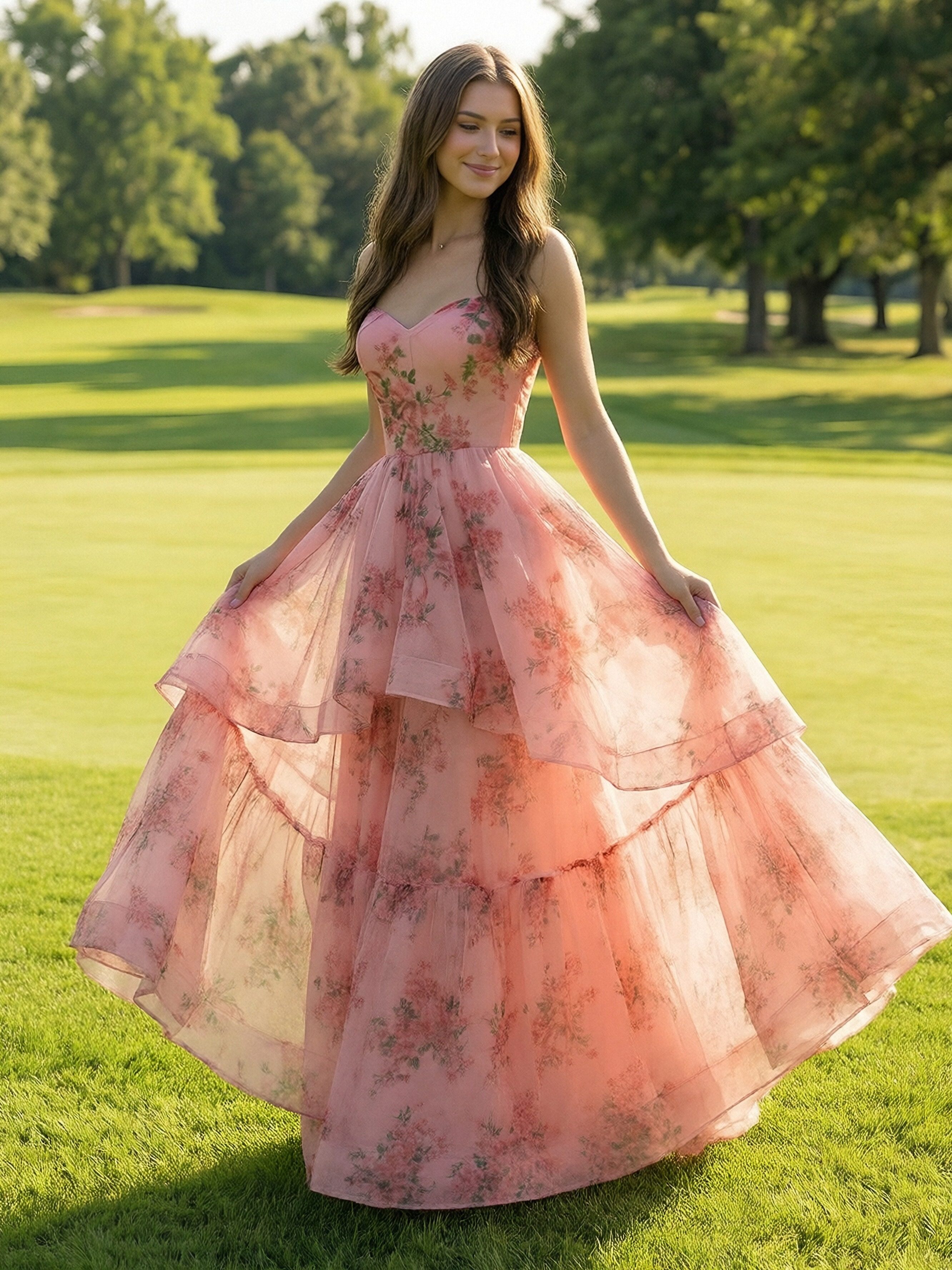 Tiered Floral Print Strapless Pleated A Line Prom Dresses