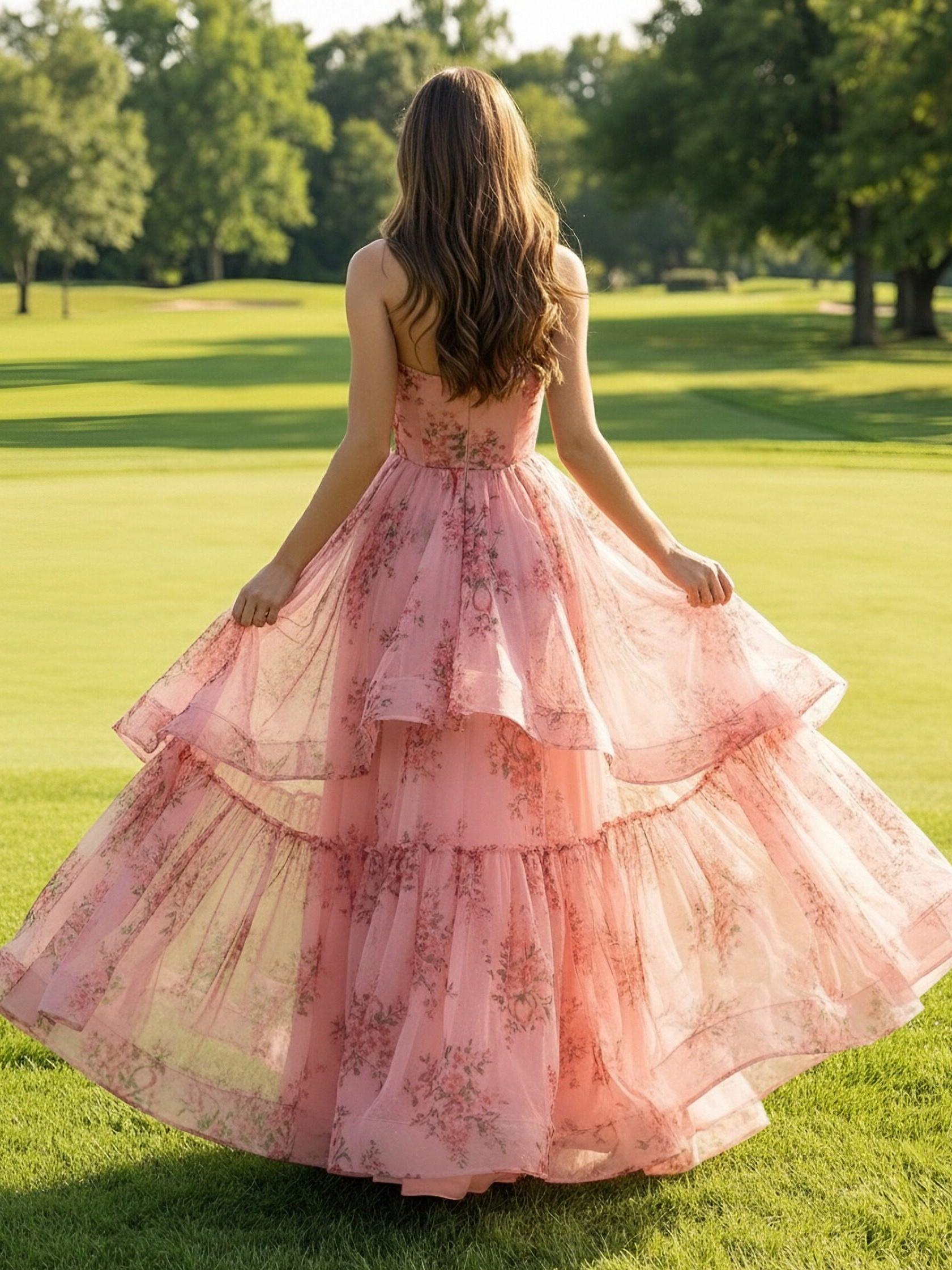 Tiered Floral Print Strapless Pleated A Line Prom Dresses