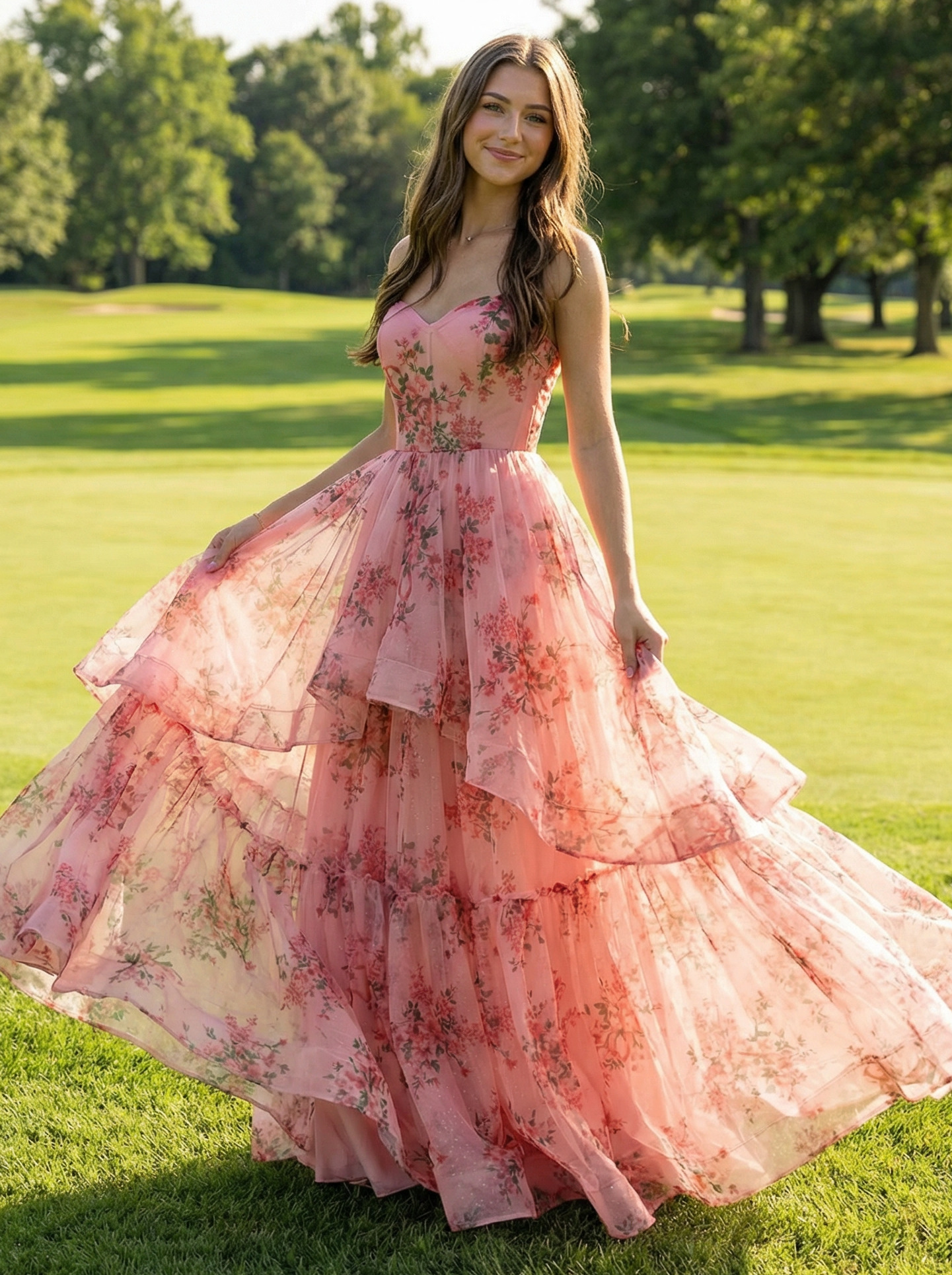 Tiered Floral Print Strapless Pleated A Line Prom Dresses