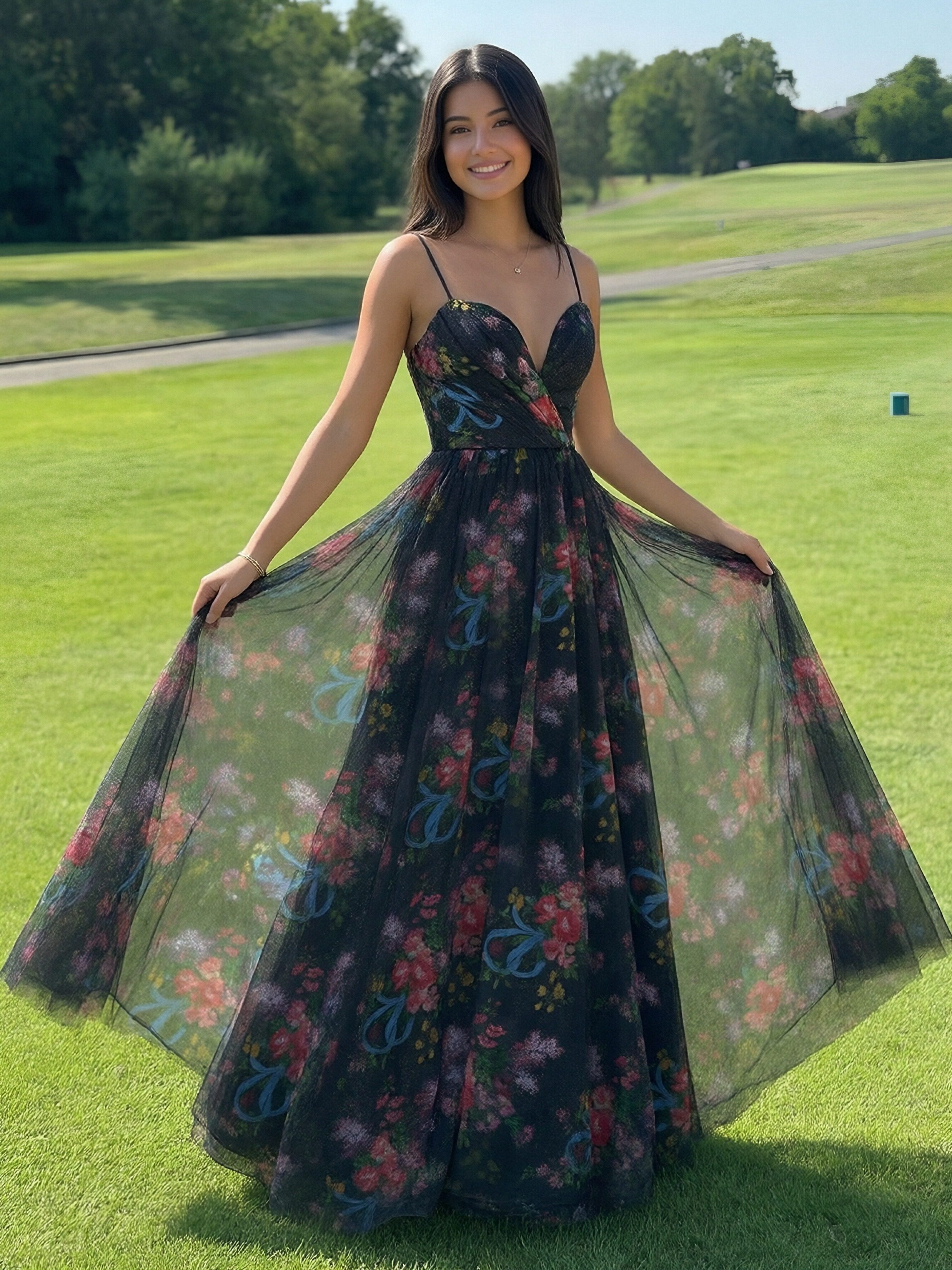 Spaghetti Straps V Neck Floral Print Pleated A Line Prom Dresses