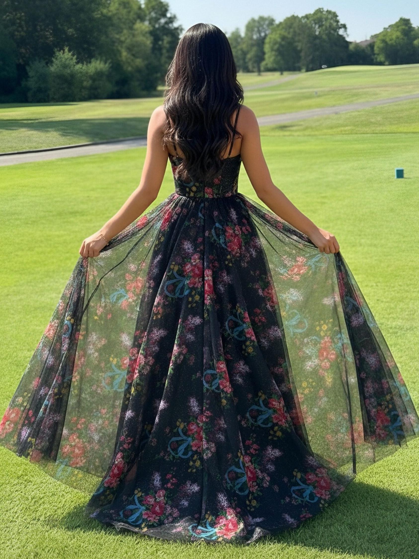 Spaghetti Straps V Neck Floral Print Pleated A Line Prom Dresses