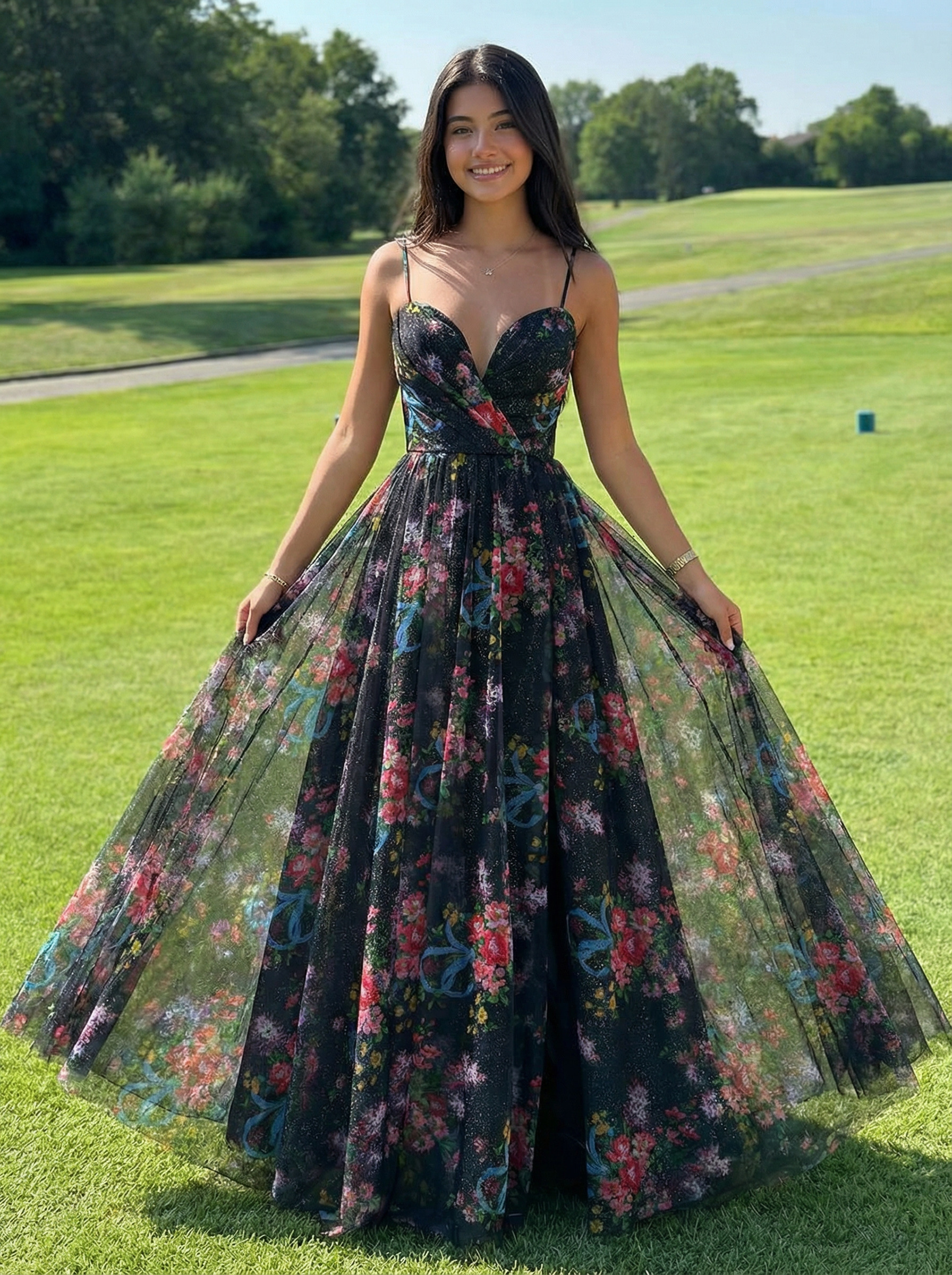 Spaghetti Straps V Neck Floral Print Pleated A Line Prom Dresses