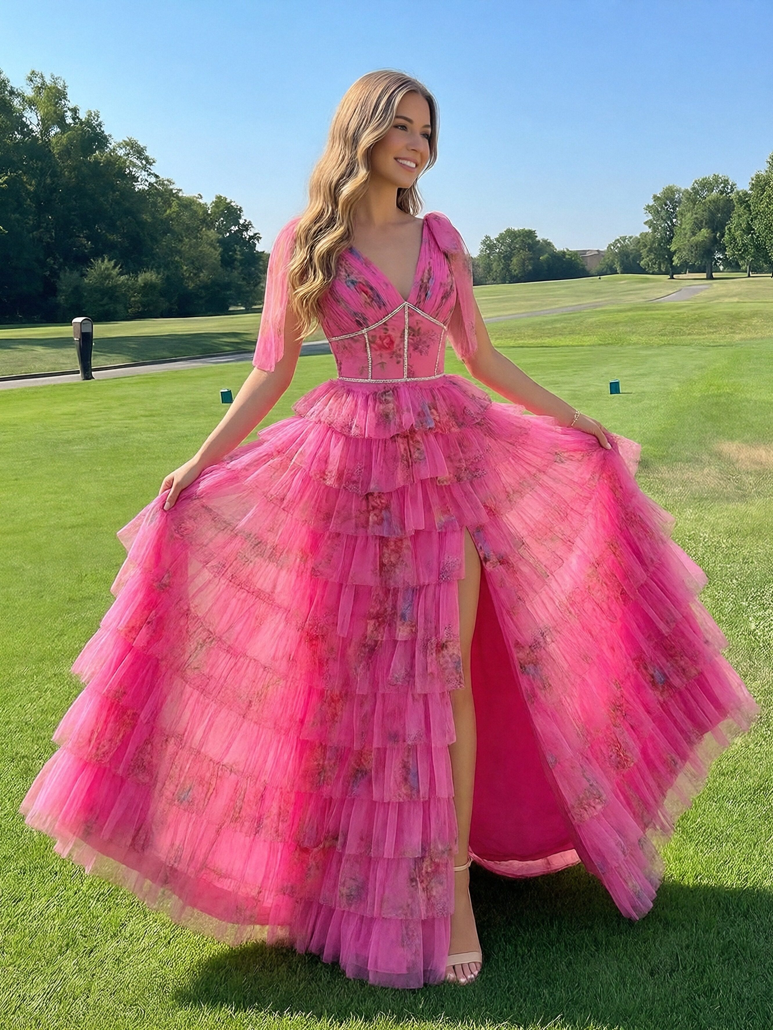 Tiered Bow V Neck Floral Print Pleated A Line Prom Dresses with Slit