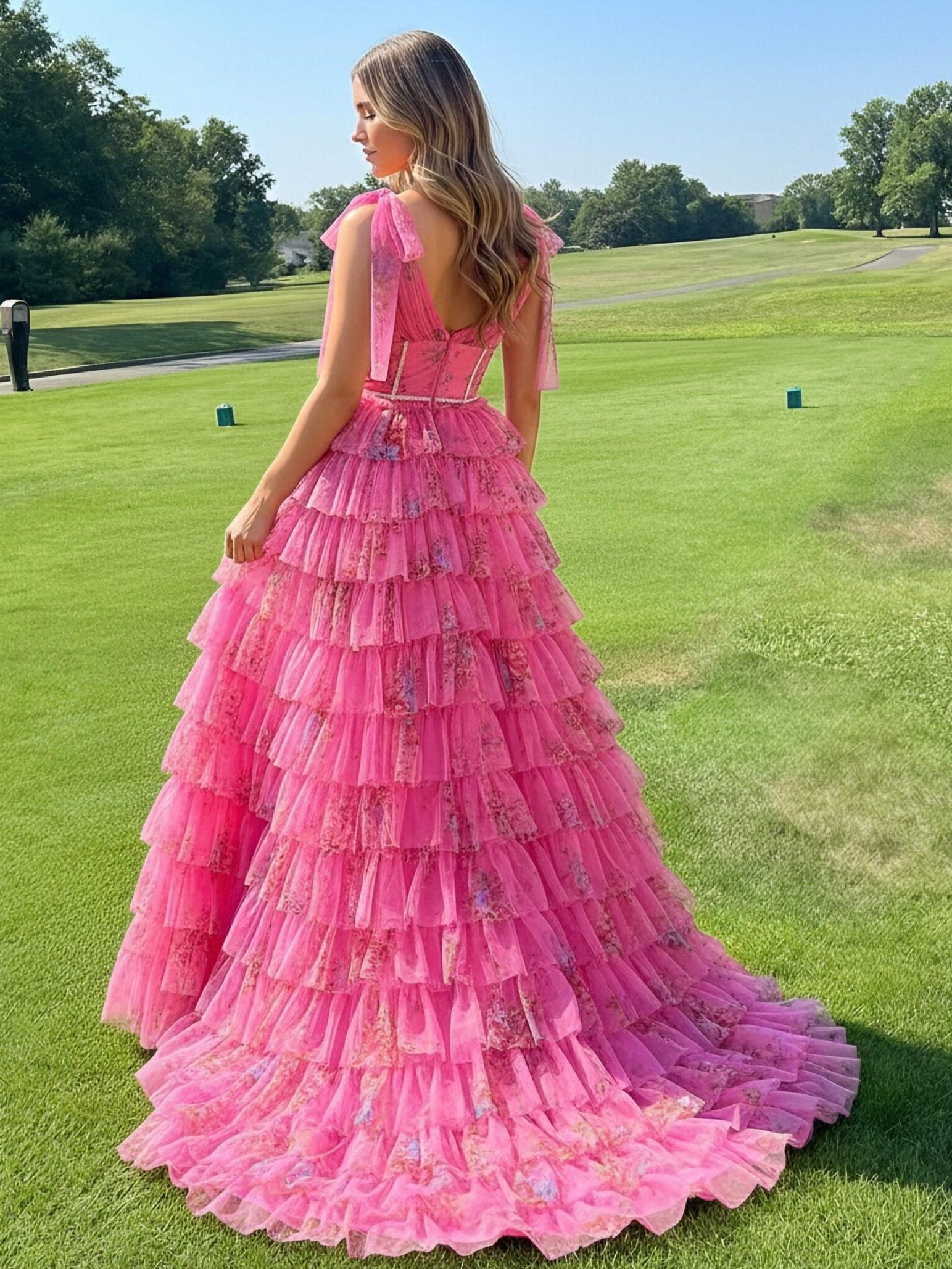 Tiered Bow V Neck Floral Print Pleated A Line Prom Dresses with Slit