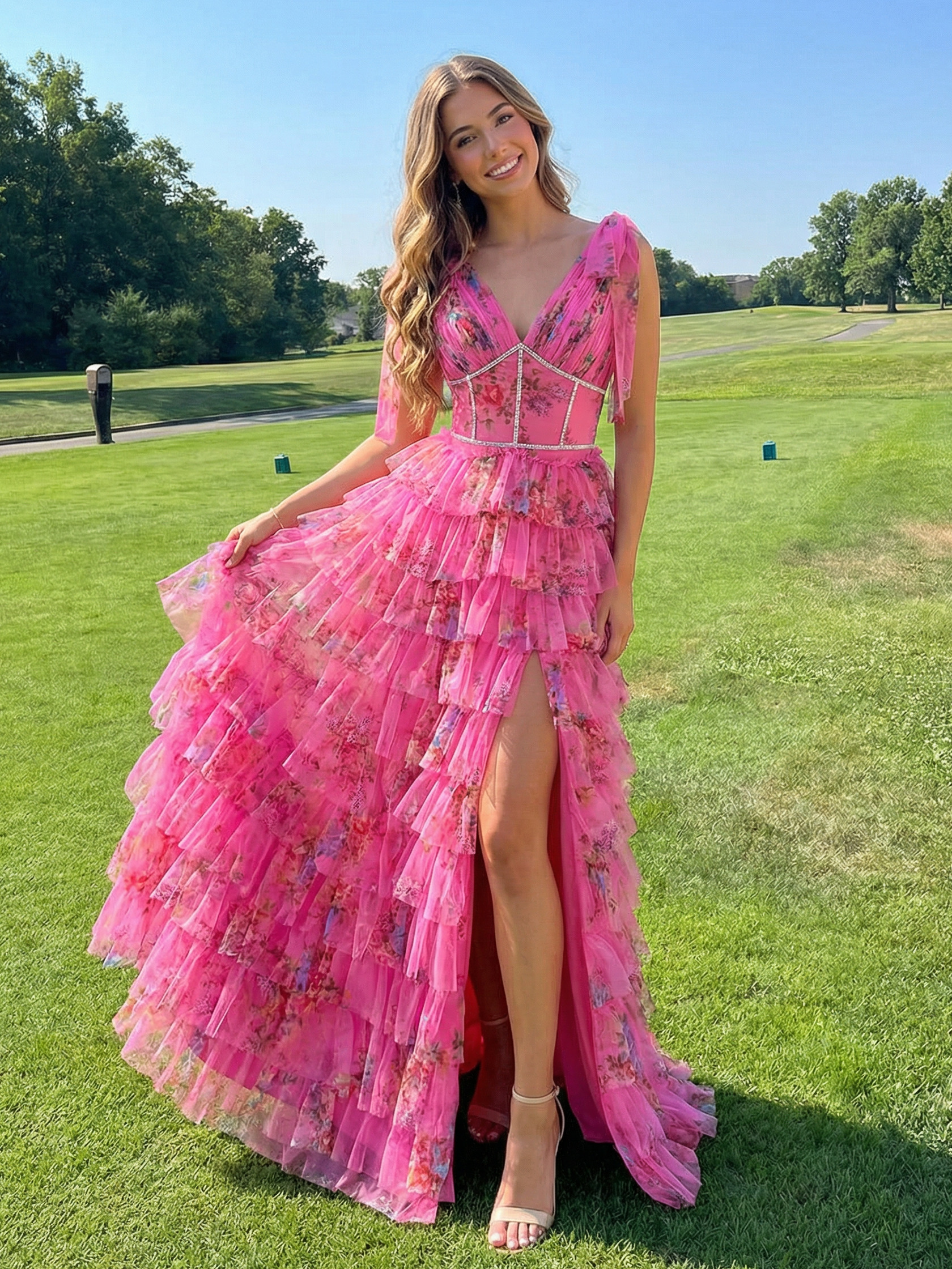 Tiered Bow V Neck Floral Print Pleated A Line Prom Dresses with Slit