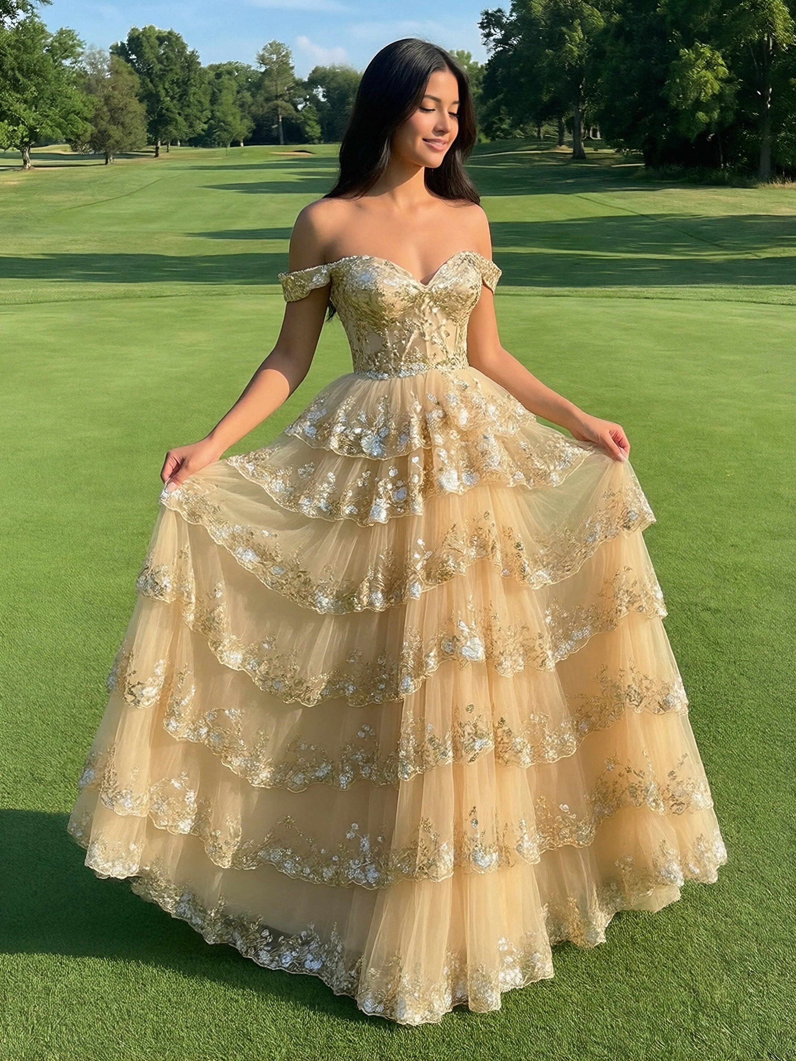 Lace Appliques Off the Shoulder Tiered V Neck Tulle Sparkly A Line Prom Dresses