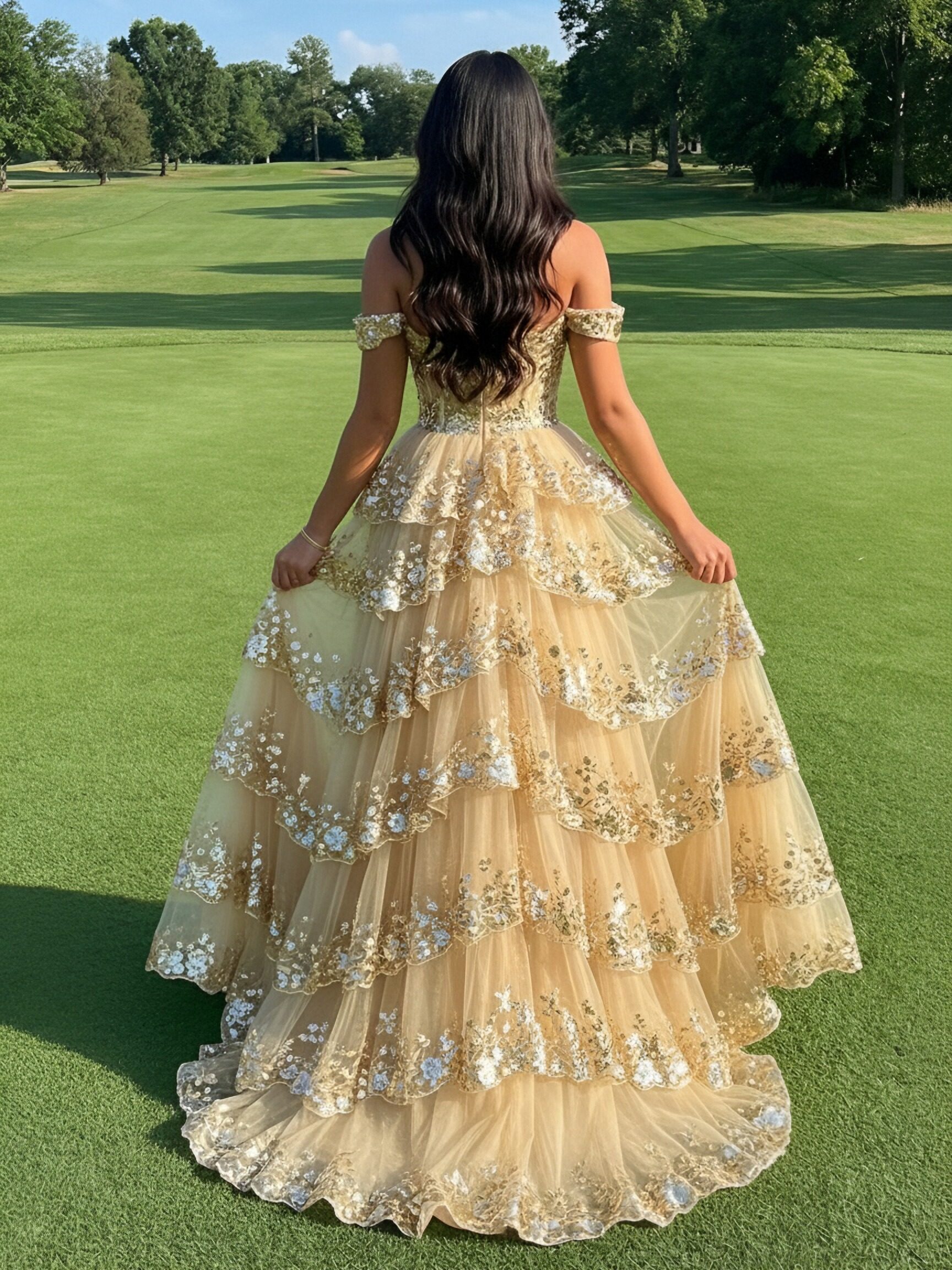 Lace Appliques Off the Shoulder Tiered V Neck Tulle Sparkly A Line Prom Dresses