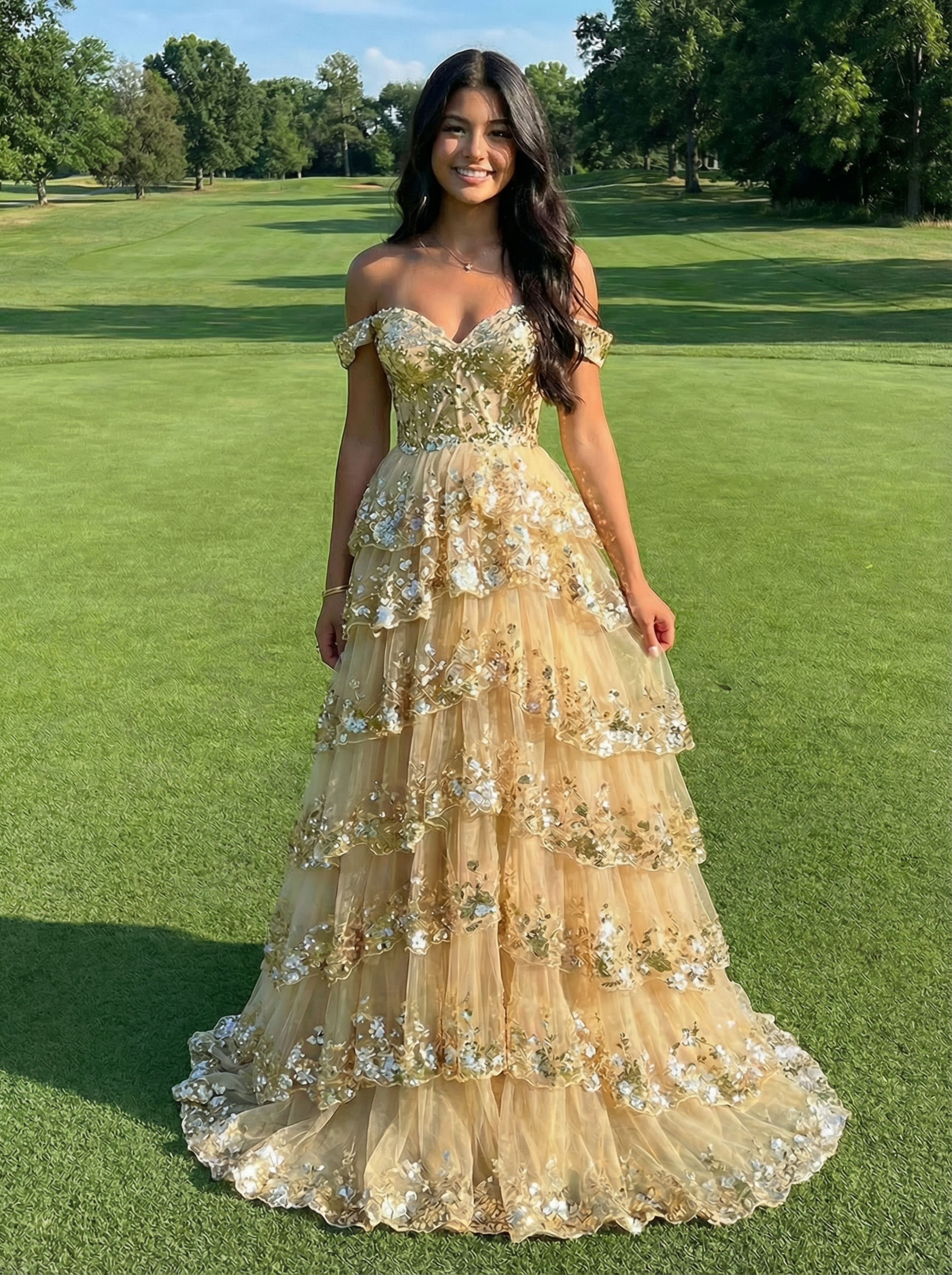 Lace Appliques Off the Shoulder Tiered V Neck Tulle Sparkly A Line Prom Dresses