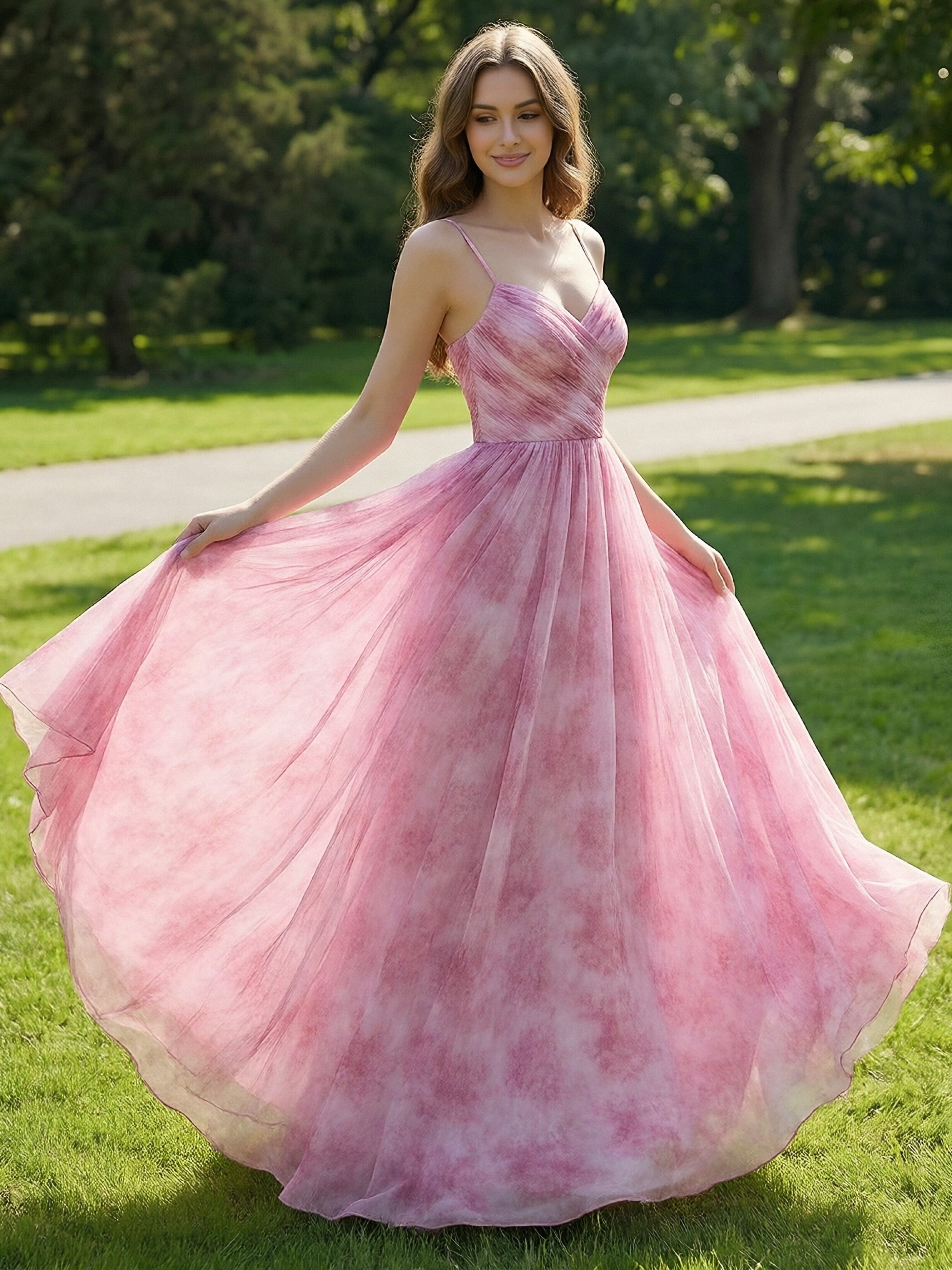 Spaghetti Straps V Neck Floral Print Pleated A Line Prom Dresses