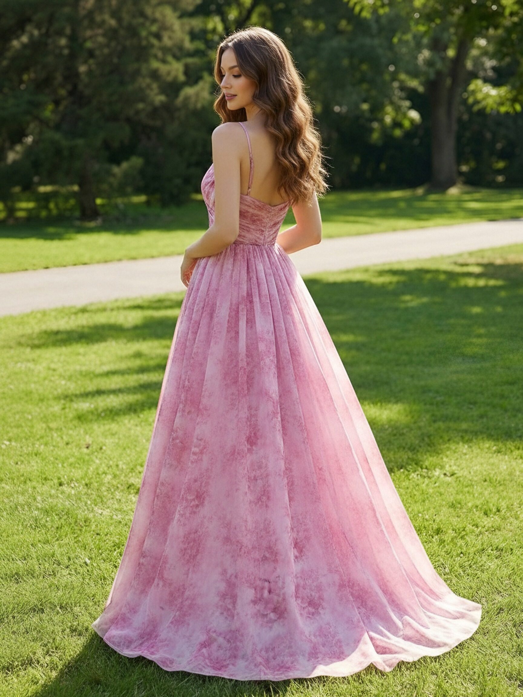 Spaghetti Straps V Neck Floral Print Pleated A Line Prom Dresses