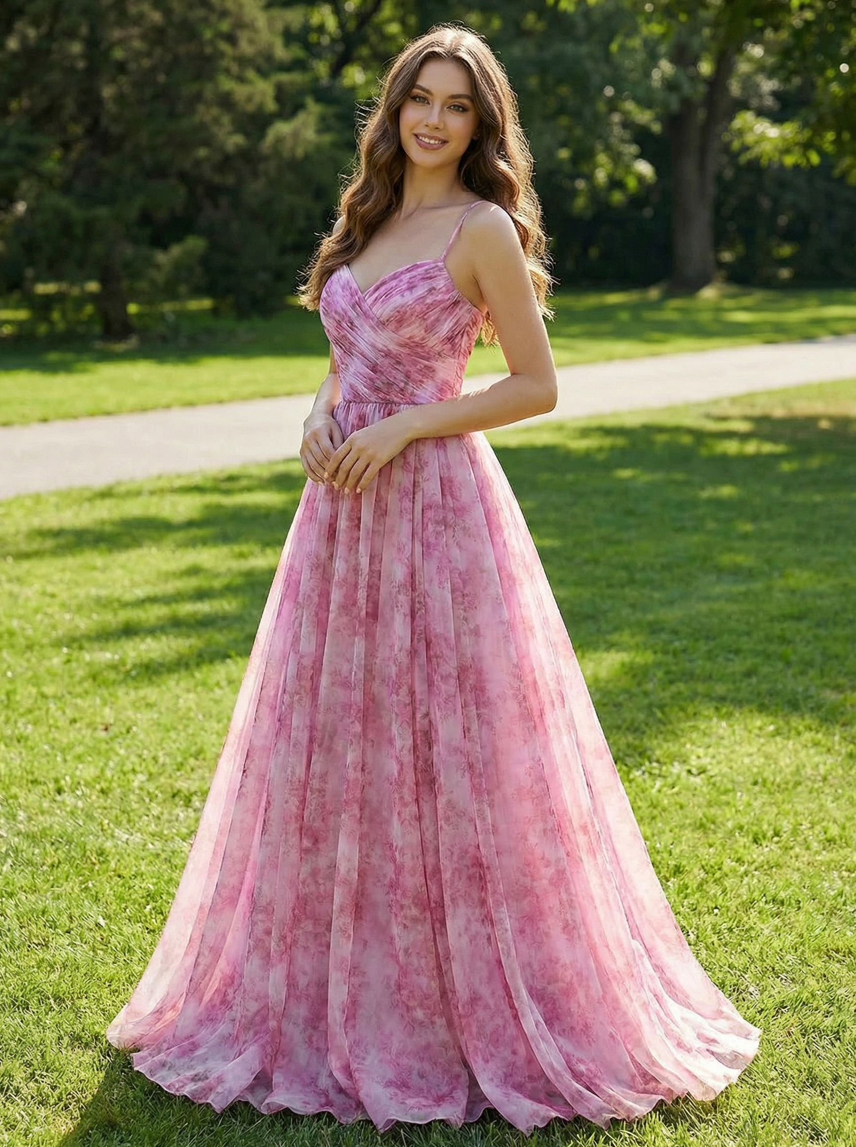 Spaghetti Straps V Neck Floral Print Pleated A Line Prom Dresses