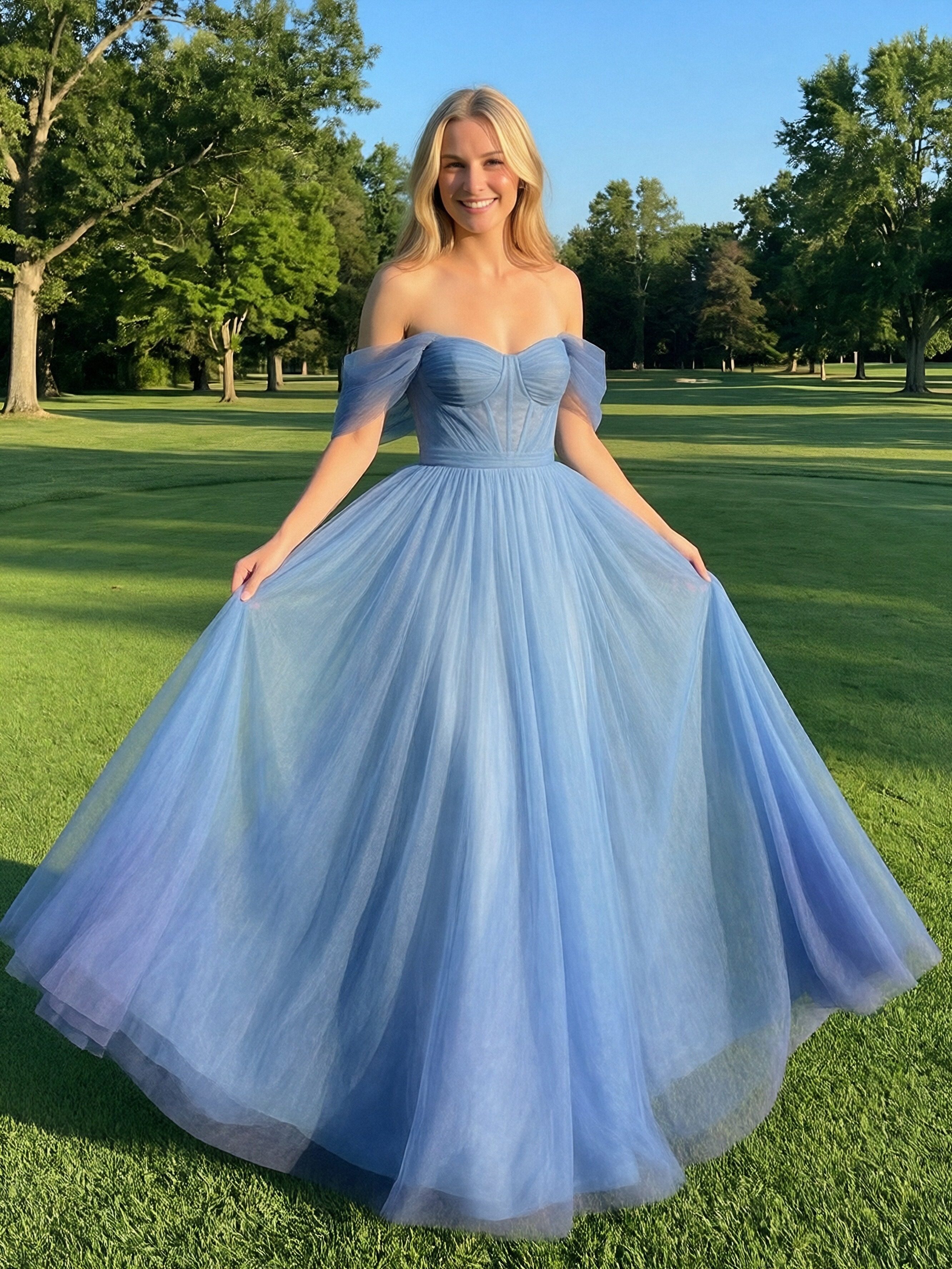 Off the Shoulder Tulle V Neck Satin Corset A Line Sleeveless Prom Dresses with Slit