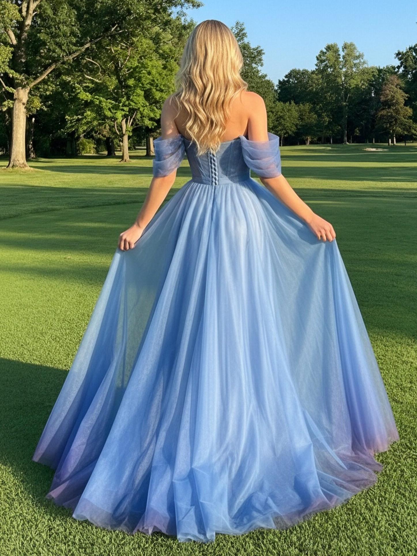 Off the Shoulder Tulle V Neck Satin Corset A Line Sleeveless Prom Dresses with Slit