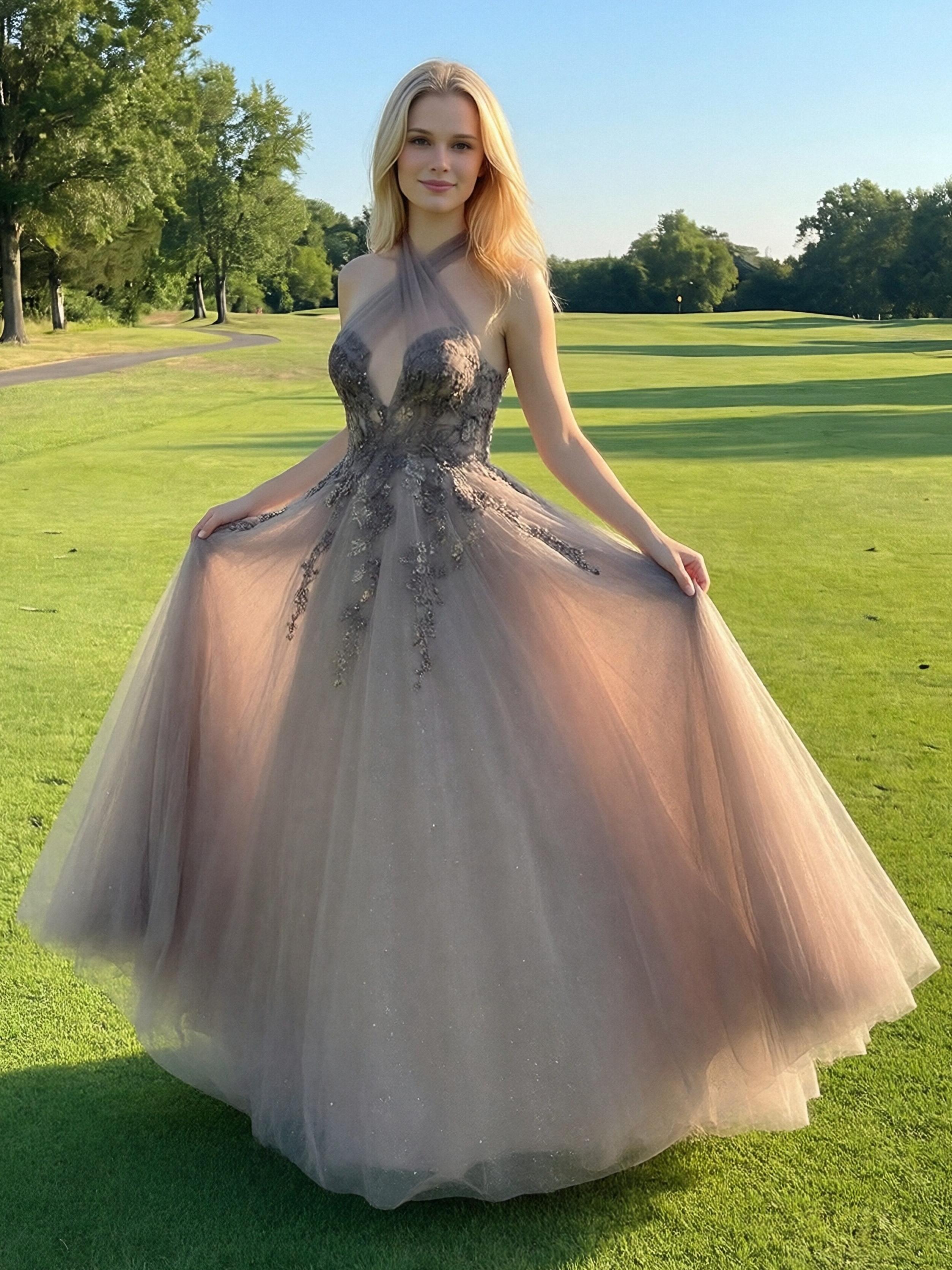 Halter Cut Out Lace Appliques Tiered Tulle A Line Prom Dresses