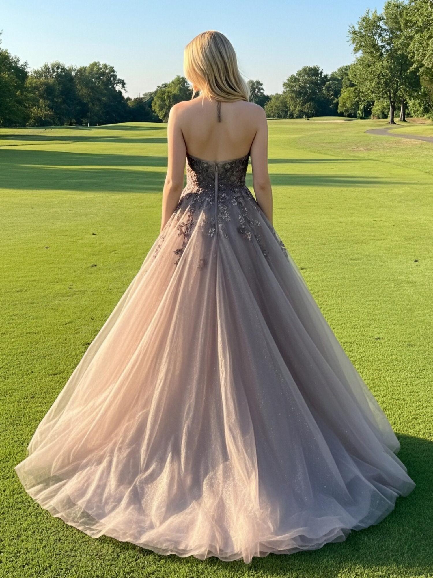 Halter Cut Out Lace Appliques Tiered Tulle A Line Prom Dresses