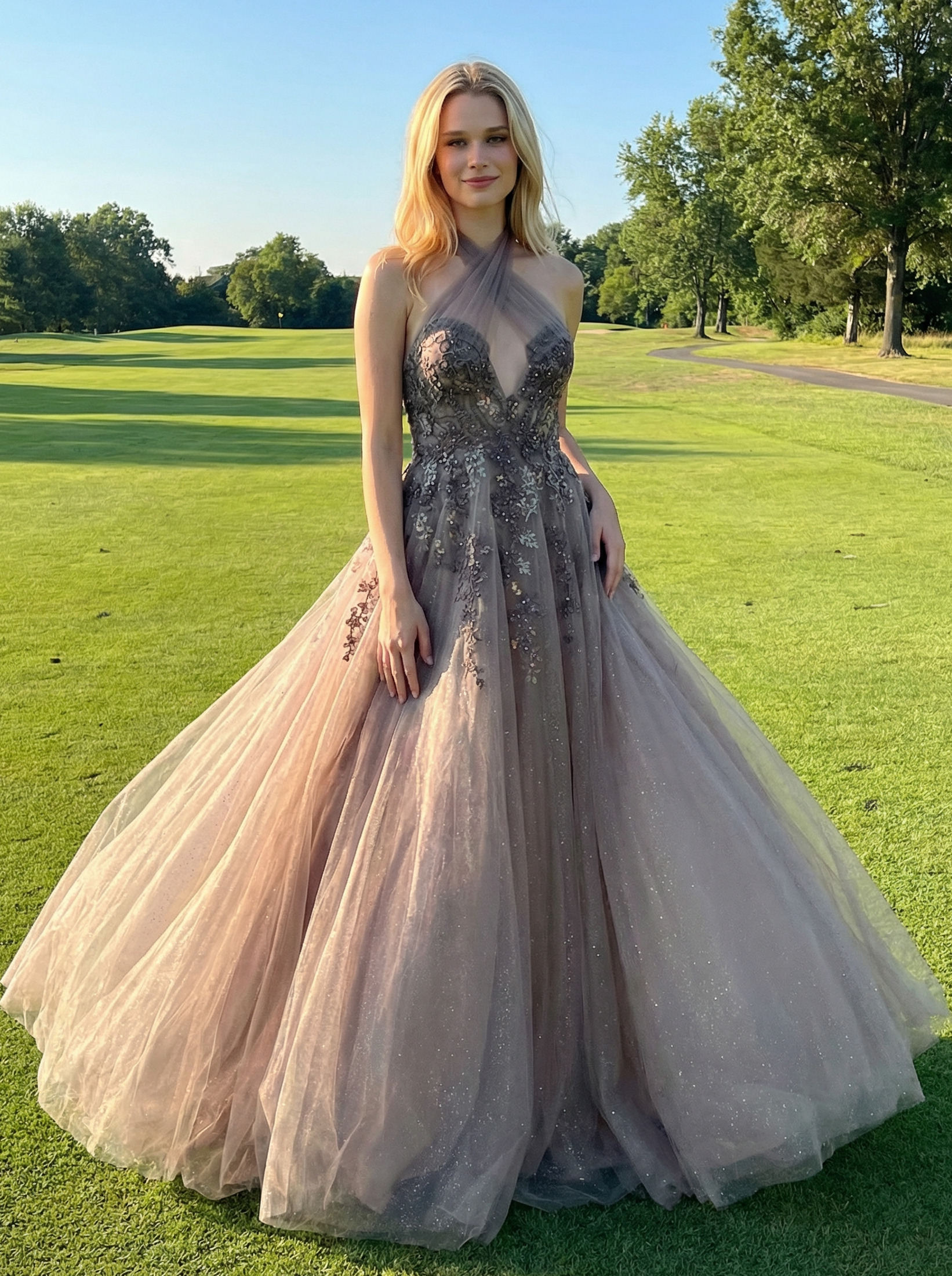 Halter Cut Out Lace Appliques Tiered Tulle A Line Prom Dresses