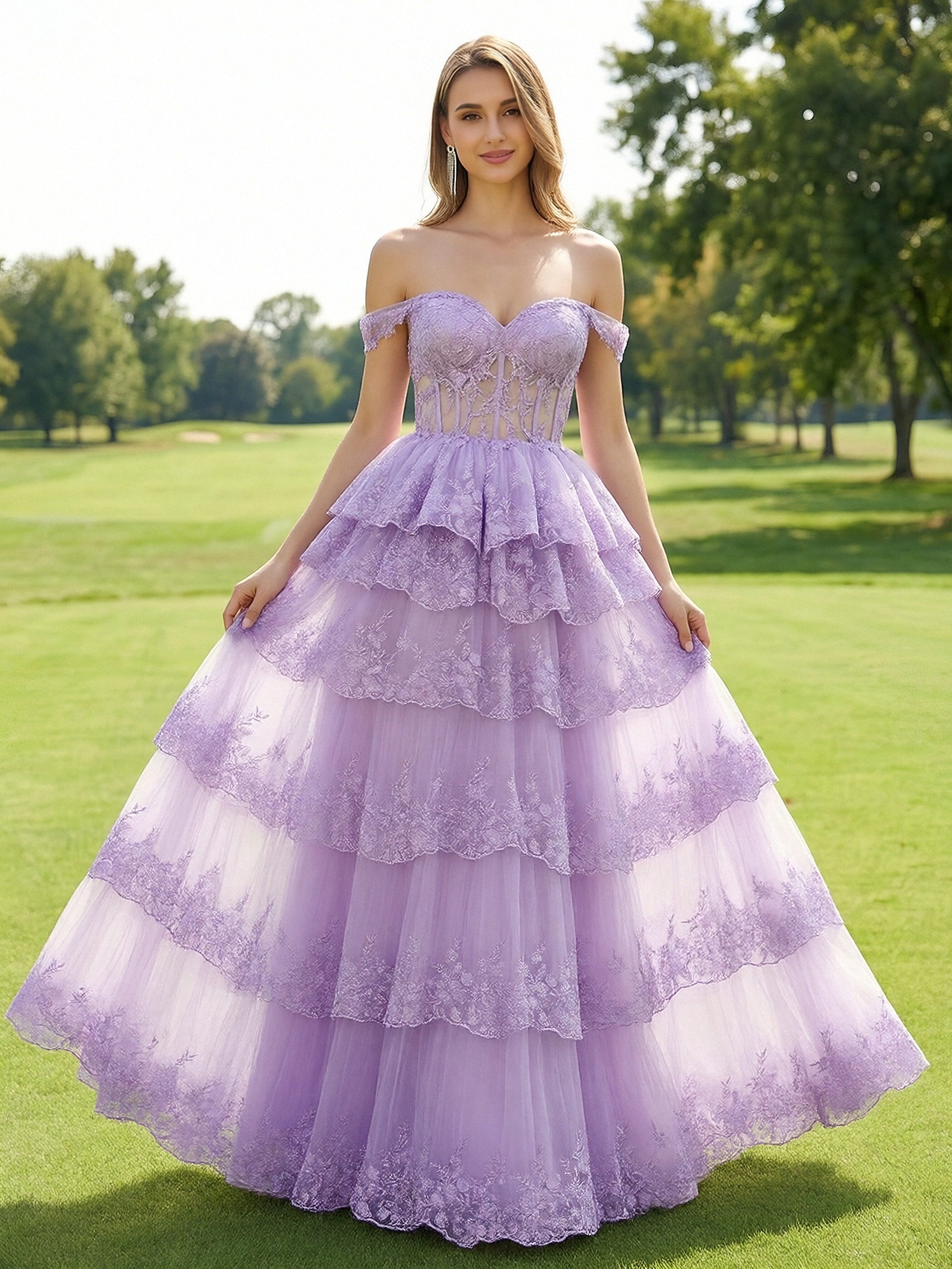 Off the Shoulder Lace Appliques Tiered Sweetheart Tulle Pleated A Line Prom Dresses