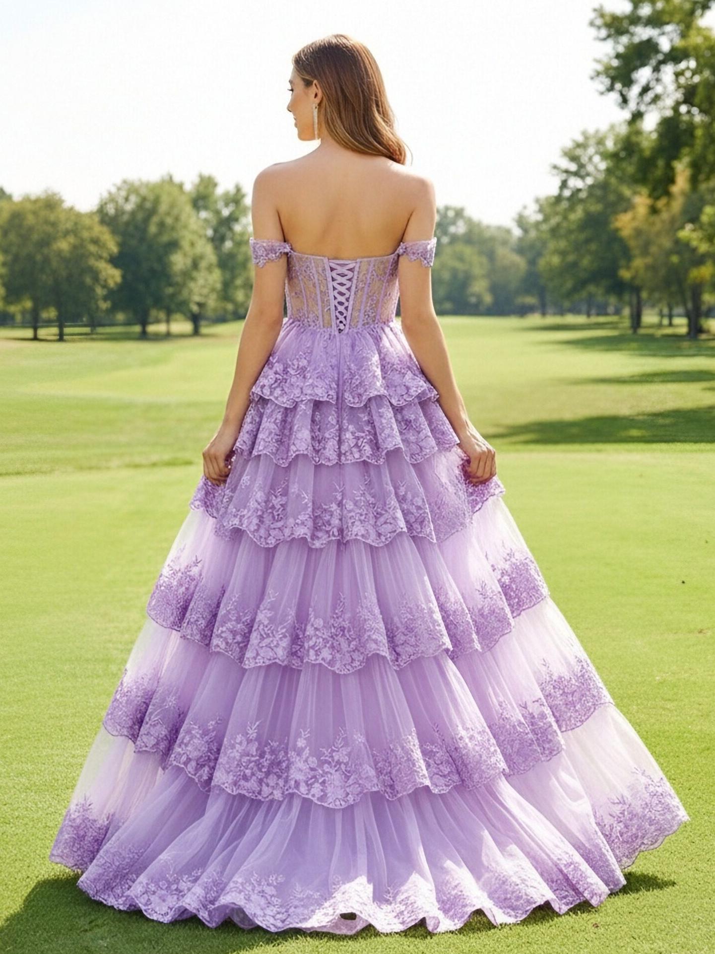 Off the Shoulder Lace Appliques Tiered Sweetheart Tulle Pleated A Line Prom Dresses
