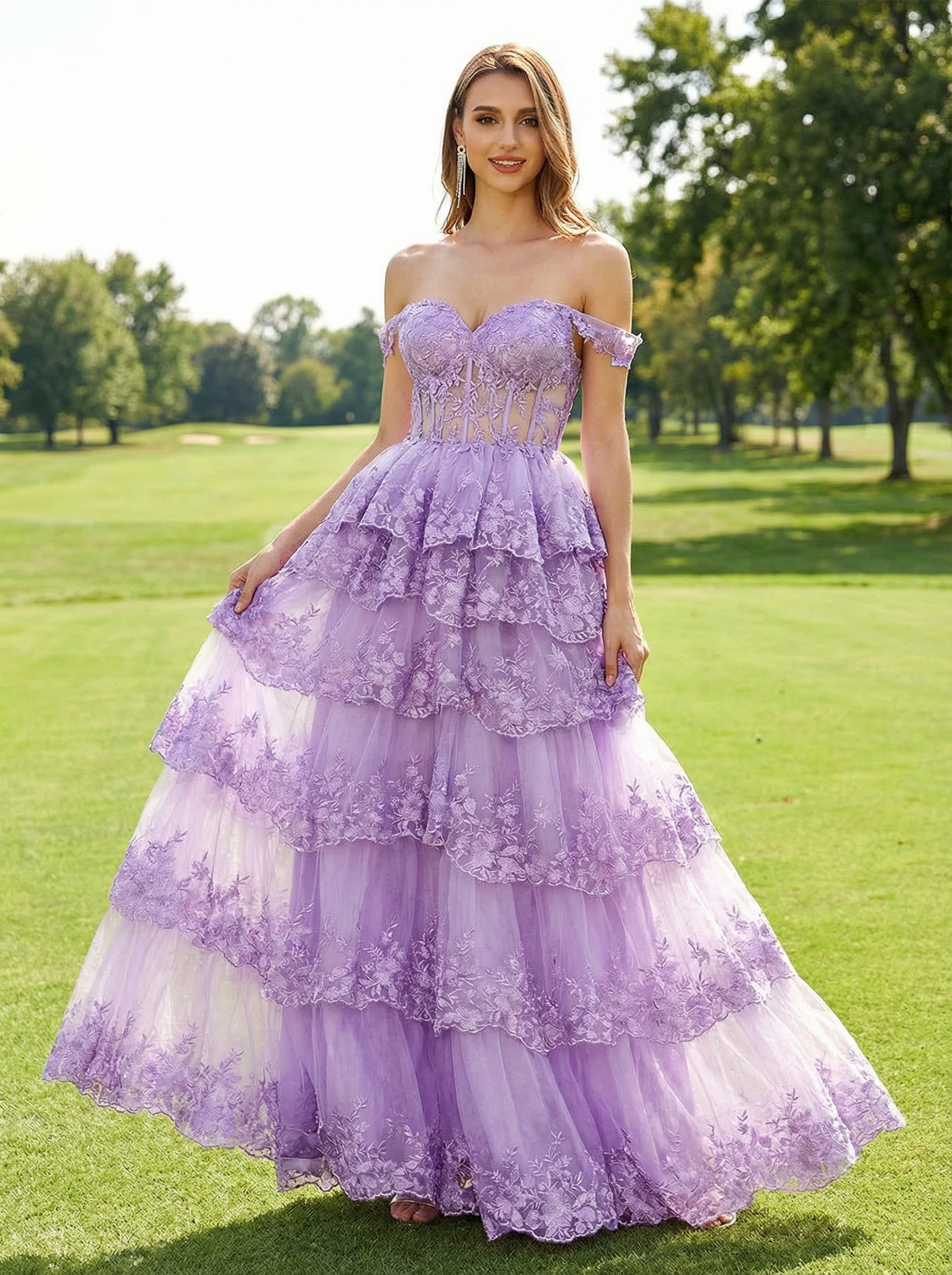 Off the Shoulder Lace Appliques Tiered Sweetheart Tulle Pleated A Line Prom Dresses