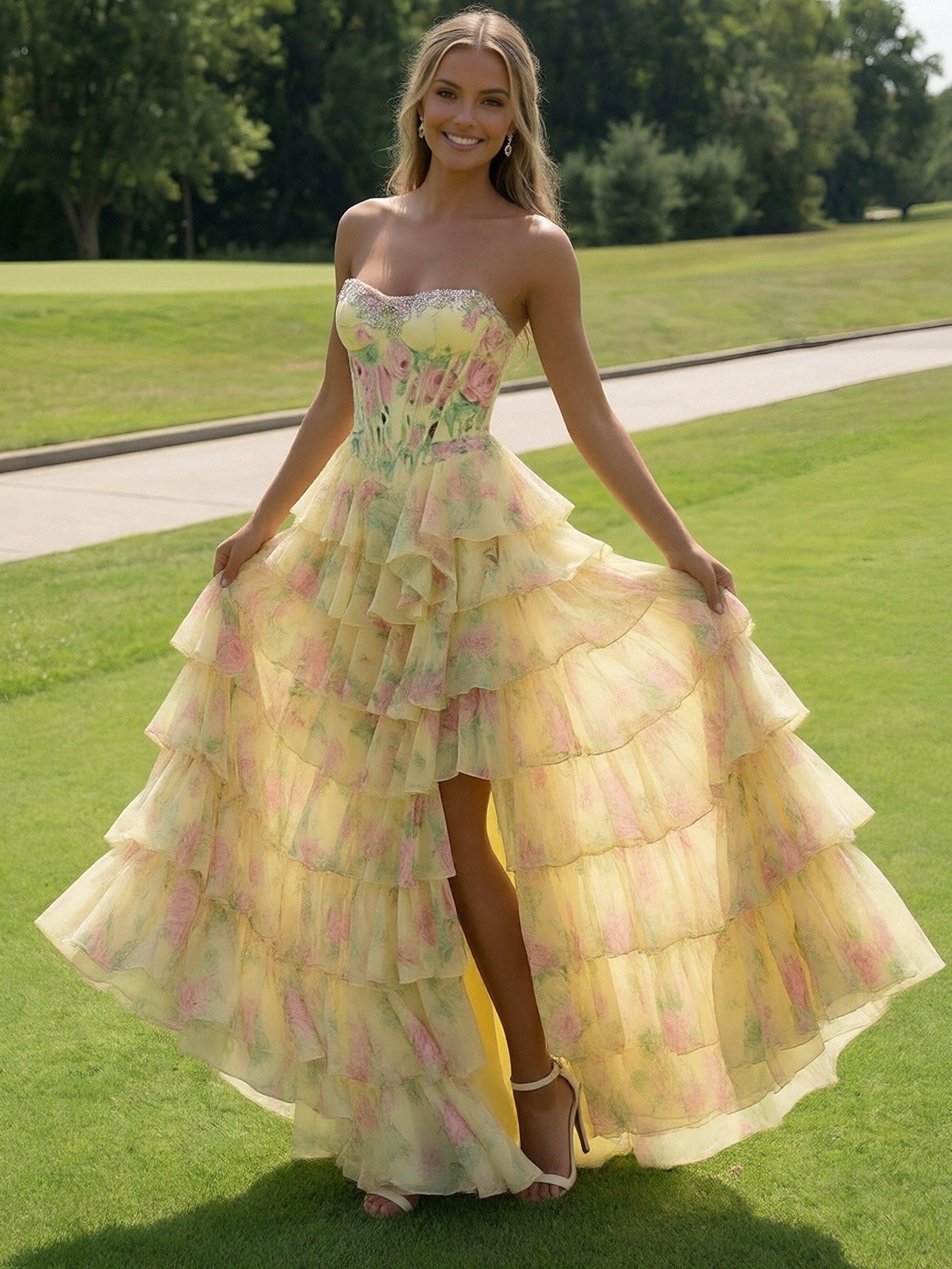 Strapless Tiered Corset Floral Print Sleeveless A Line Prom Dresses with Slit