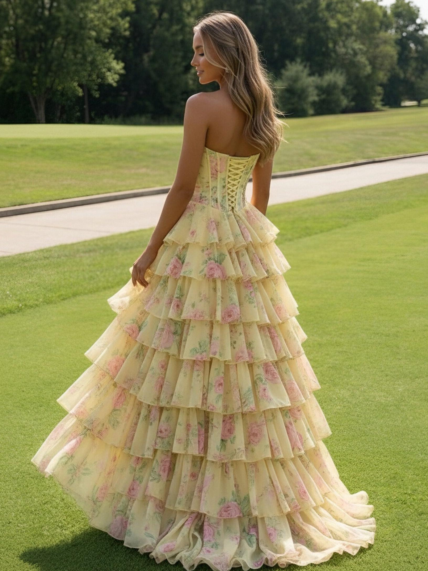 Strapless Tiered Corset Floral Print Sleeveless A Line Prom Dresses with Slit