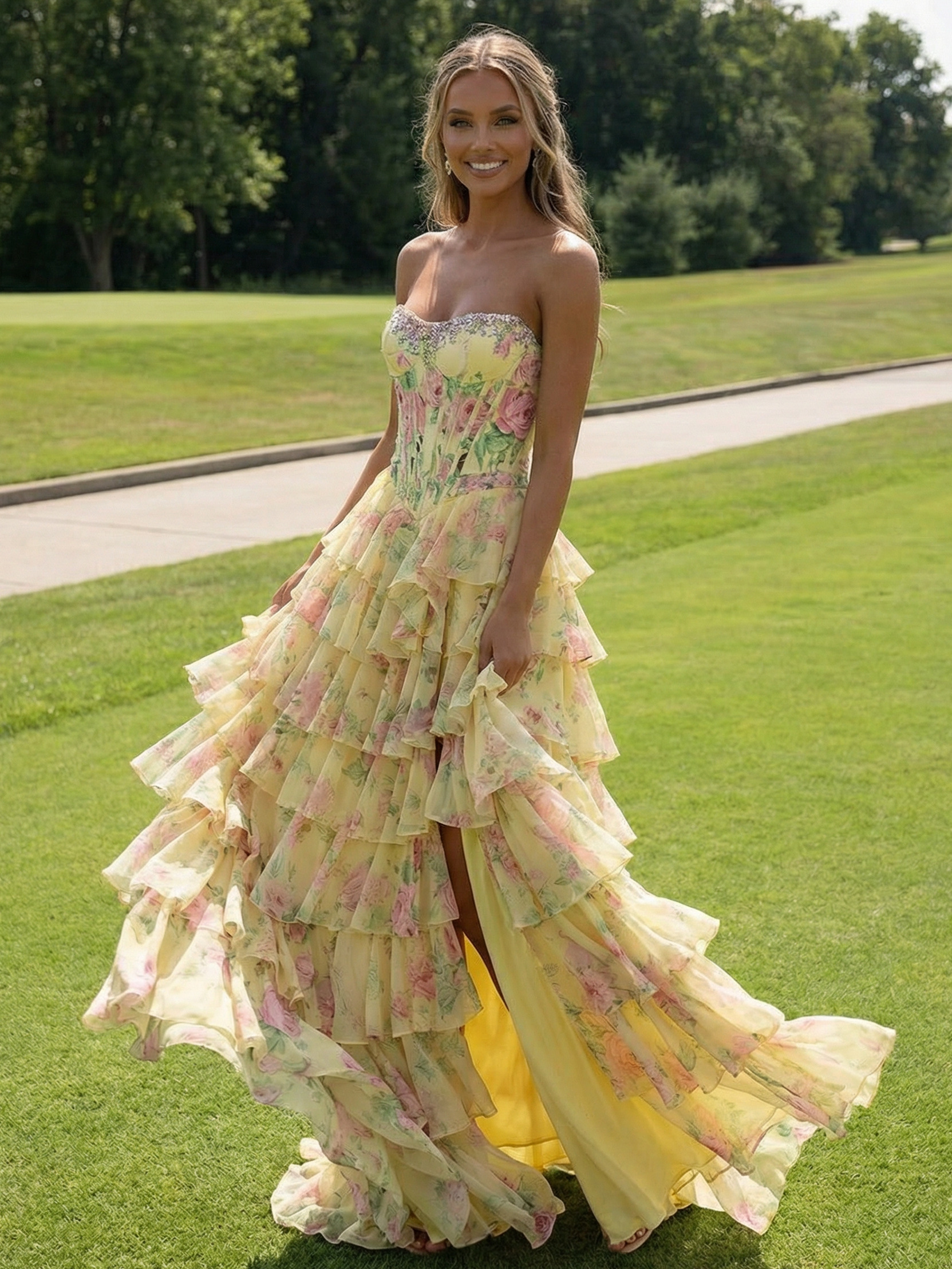 Strapless Tiered Corset Floral Print Sleeveless A Line Prom Dresses with Slit