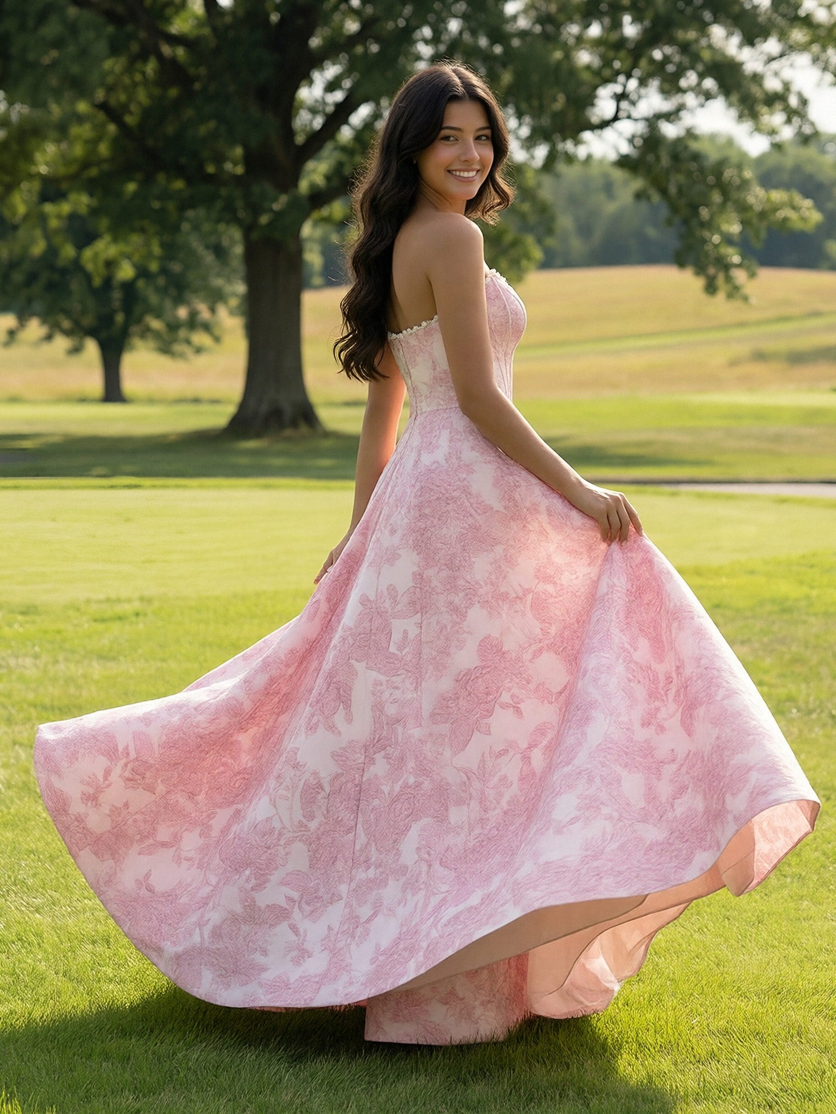 Drop Waist Floral Print Strapless Sleeveless Corset A Line Prom Dresses