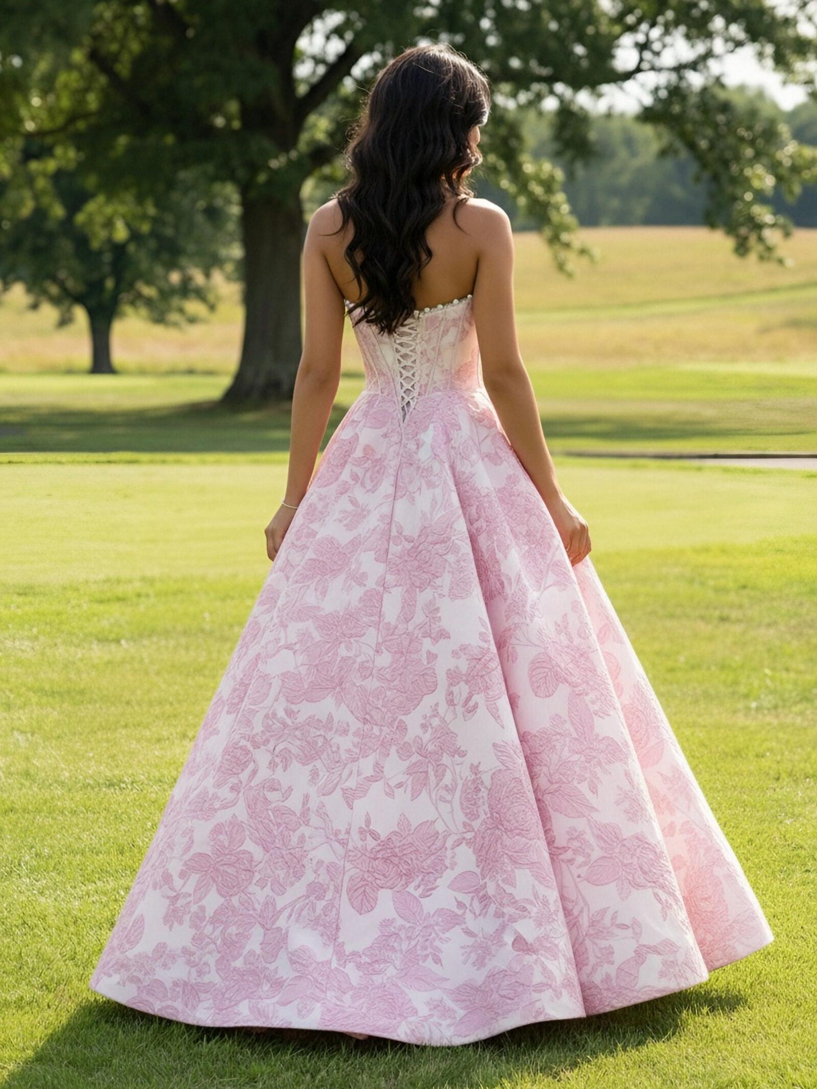 Drop Waist Floral Print Strapless Sleeveless Corset A Line Prom Dresses