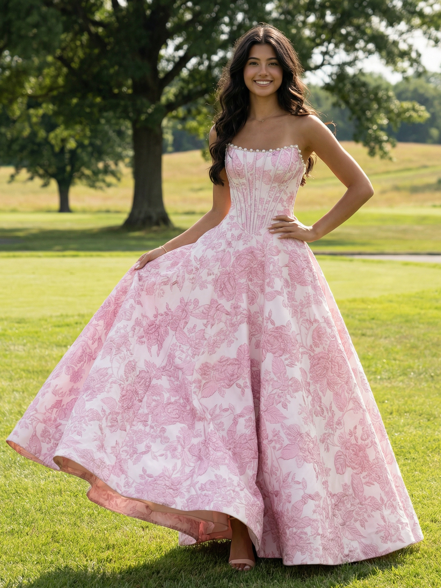 Drop Waist Floral Print Strapless Sleeveless Corset A Line Prom Dresses