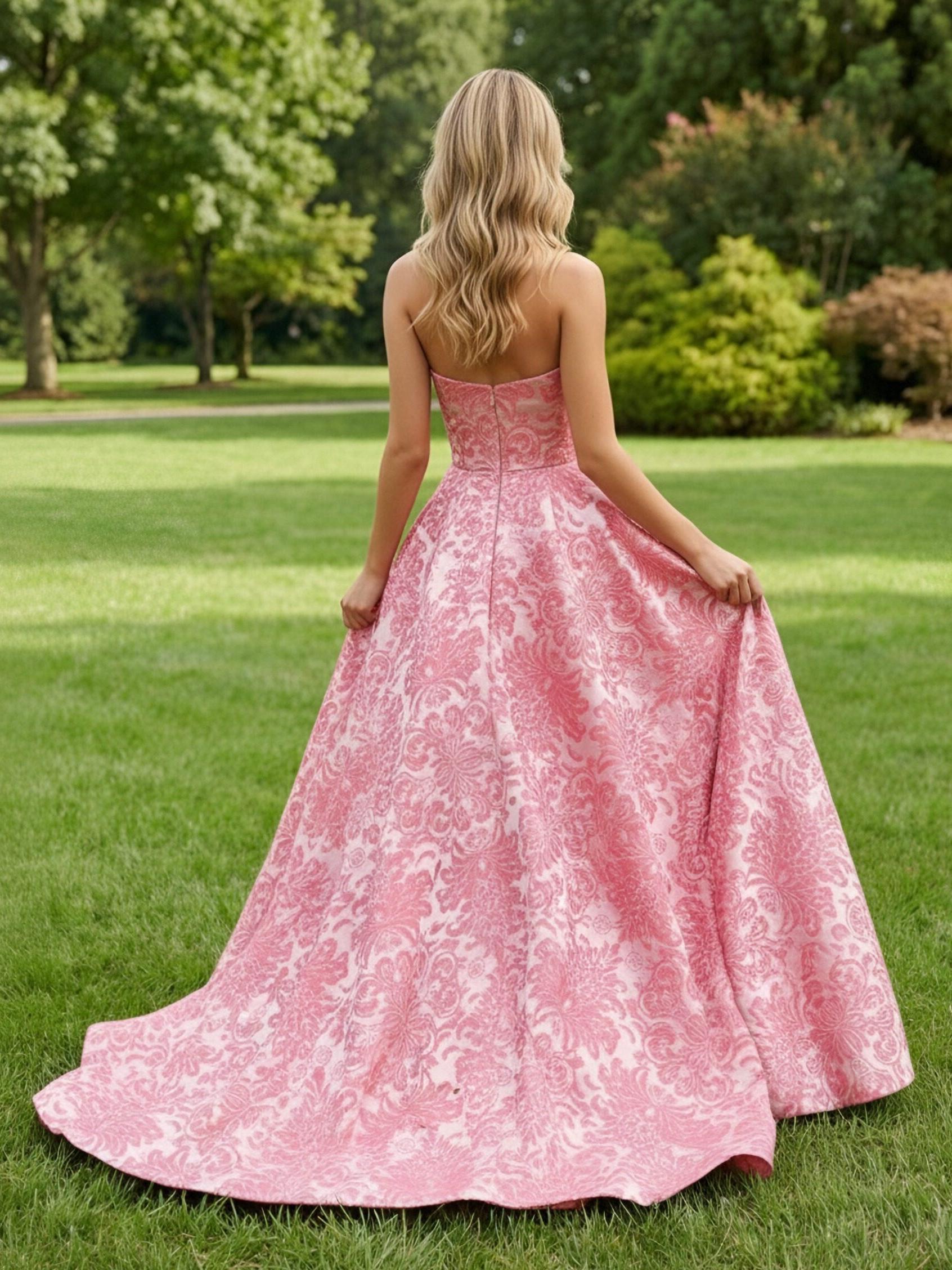 Floral Print Strapless Sleeveless Corset A Line Prom Dresses with Slit