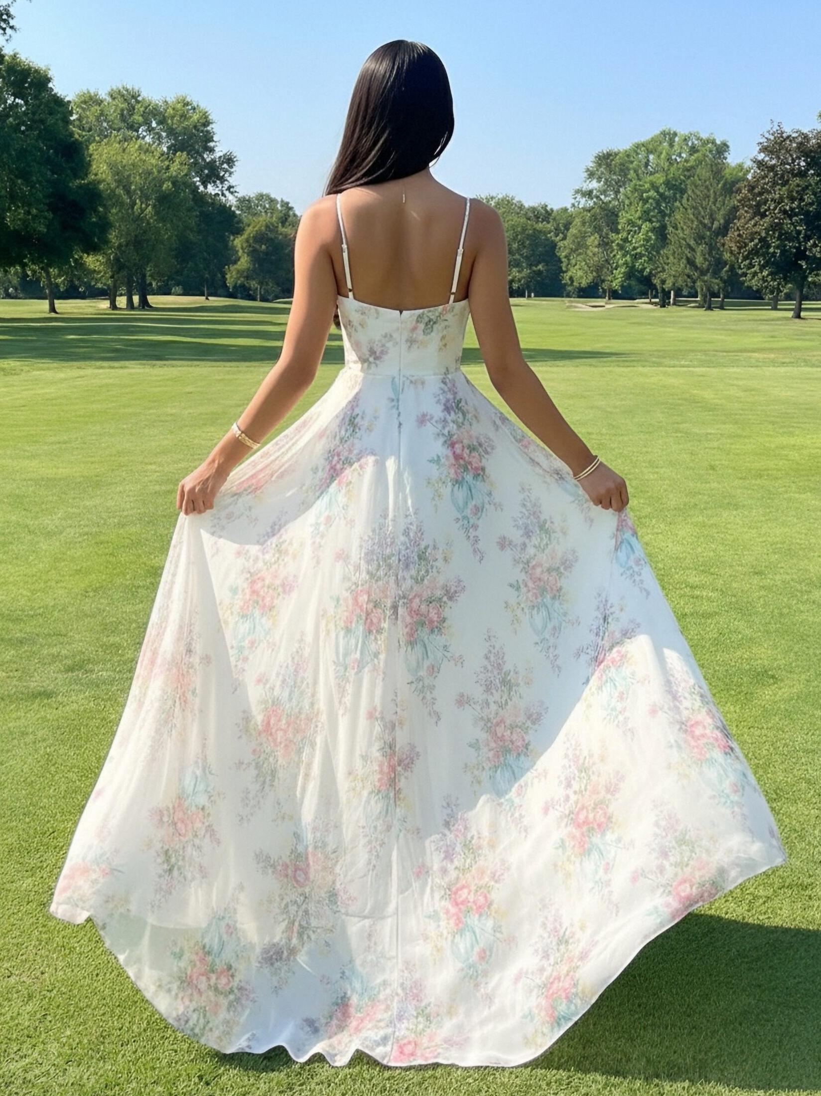 Spaghetti Straps V Neck Floral Print Pleated A Line Prom Dresses with Slit