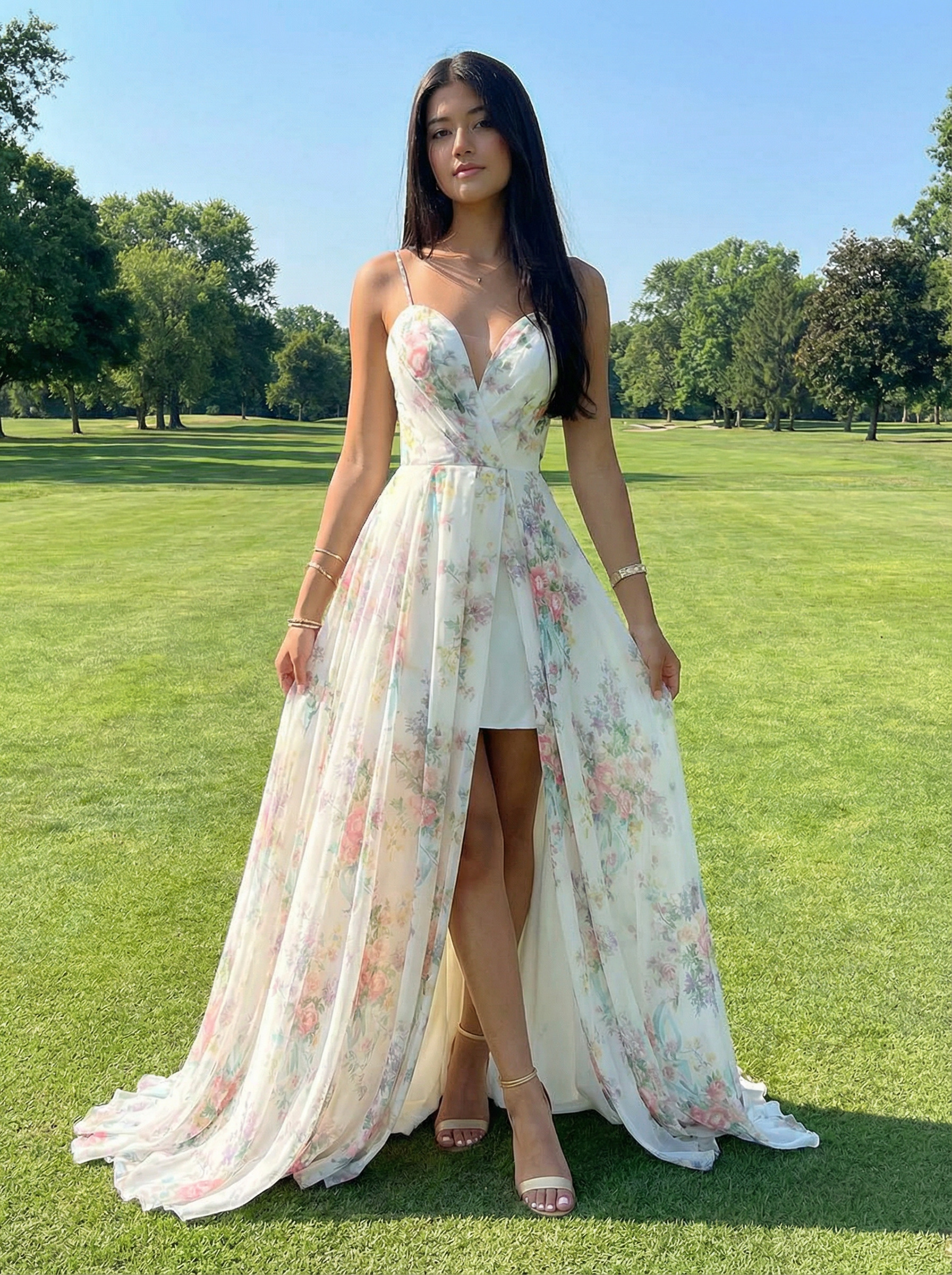 Spaghetti Straps V Neck Floral Print Pleated A Line Prom Dresses with Slit