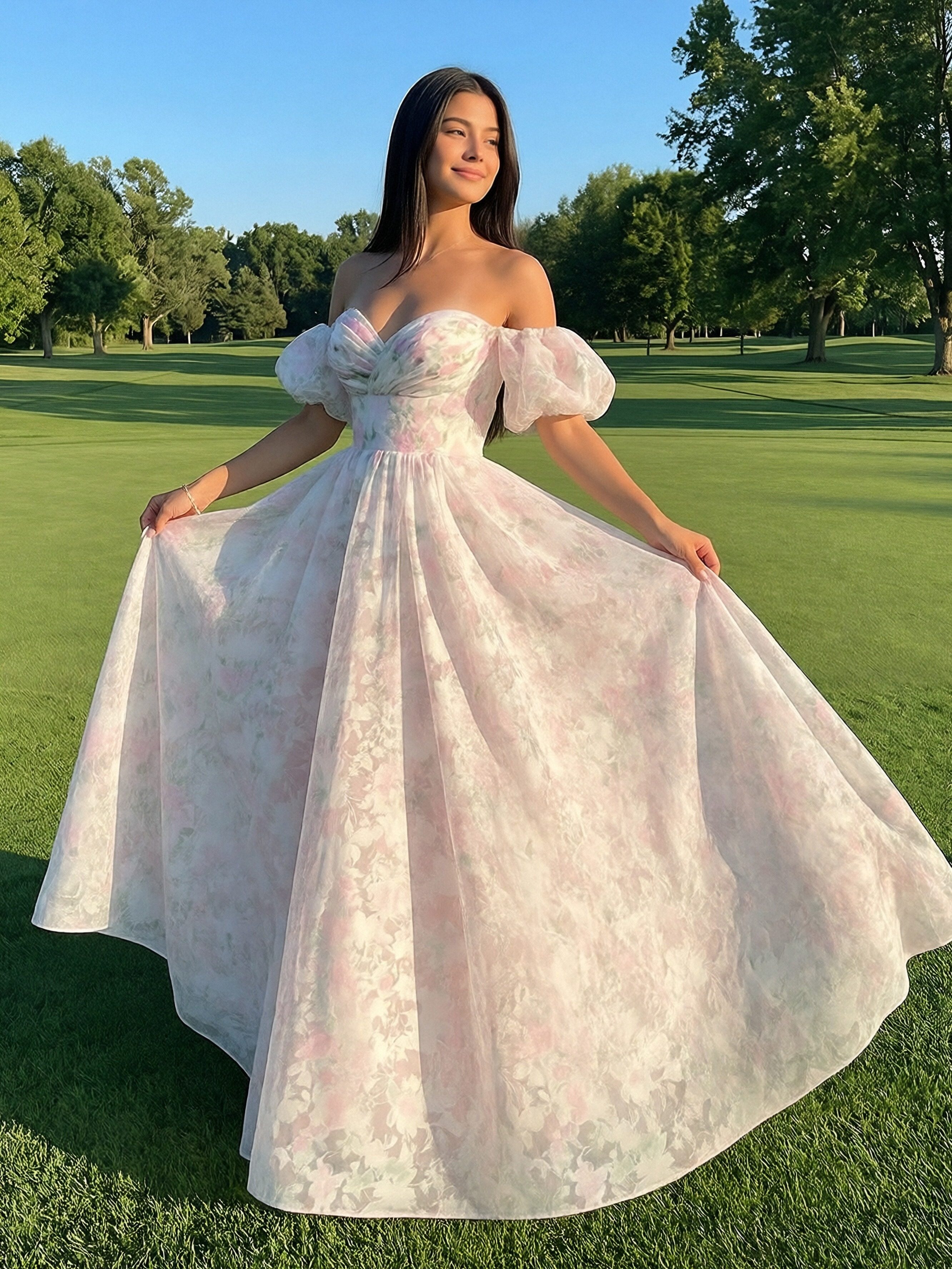 Off the Shoulder Short Sleeves Sweetheart Floral Print A Line Prom Dresses