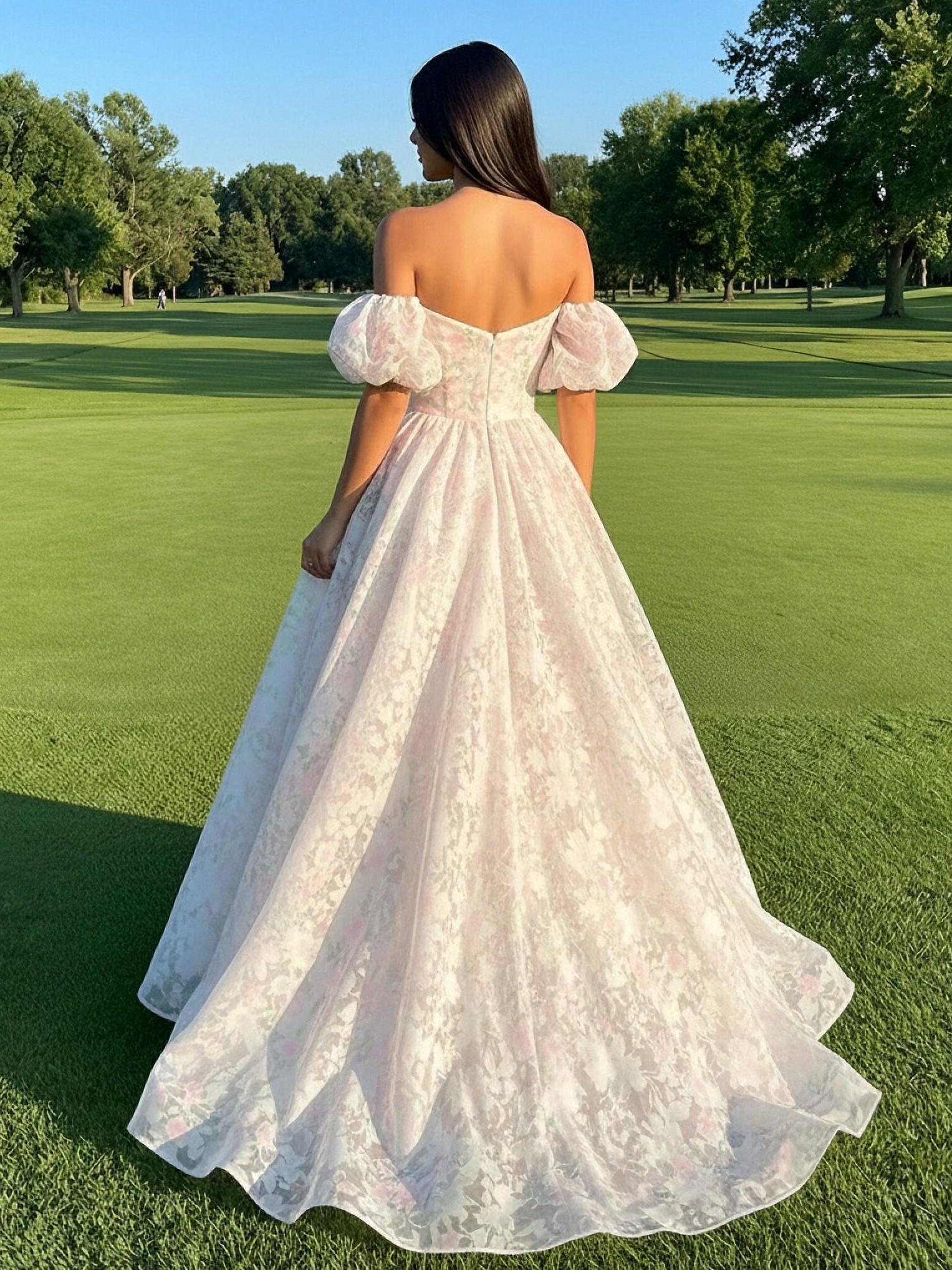 Off the Shoulder Short Sleeves Sweetheart Floral Print A Line Prom Dresses