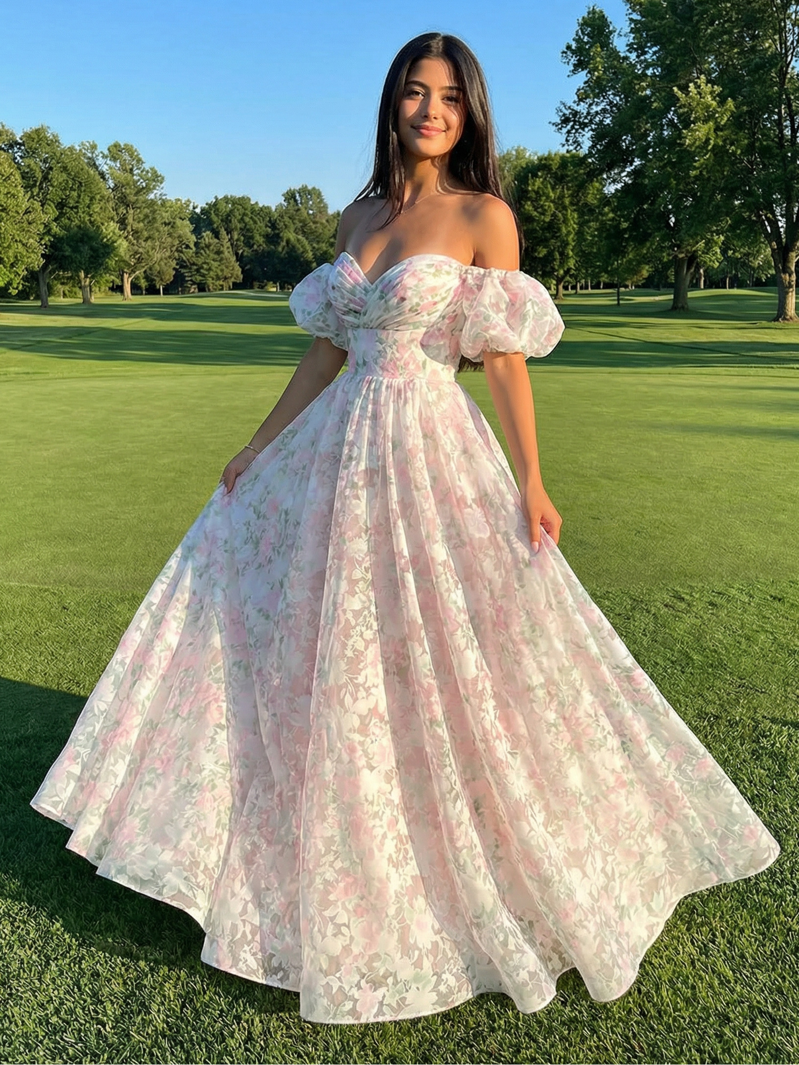 Off the Shoulder Short Sleeves Sweetheart Floral Print A Line Prom Dresses