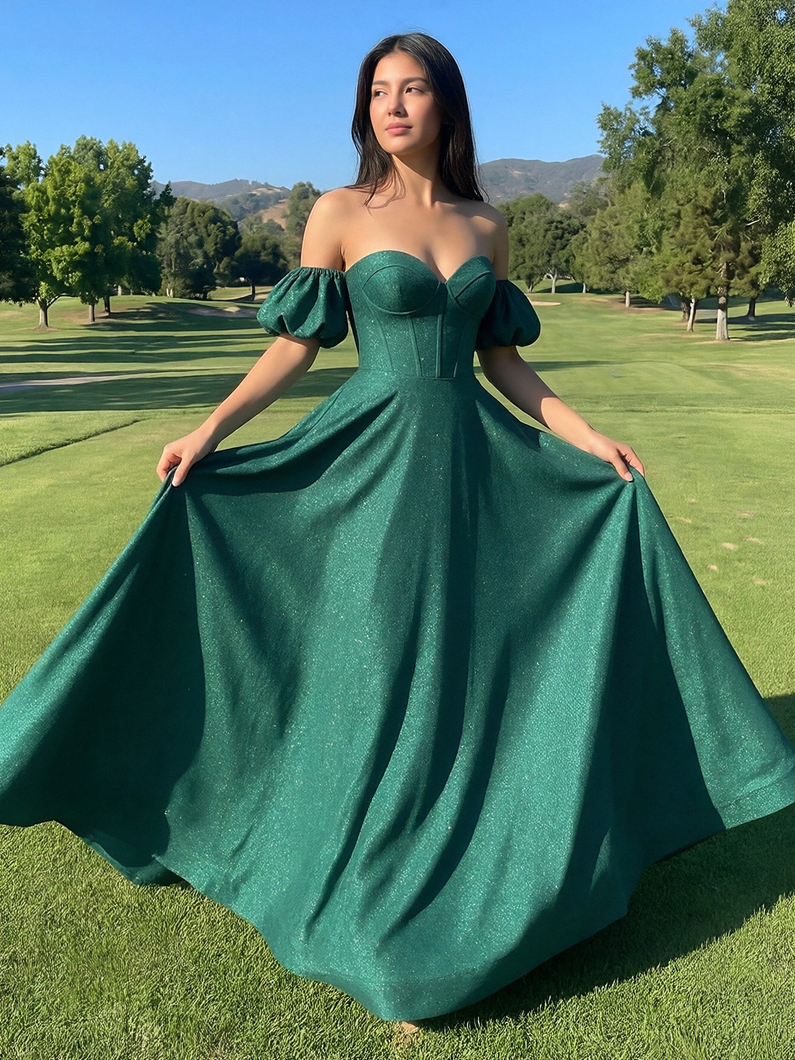 Off the Shoulder Short Sleeves Sweetheart Sequin A Line Prom Dresses