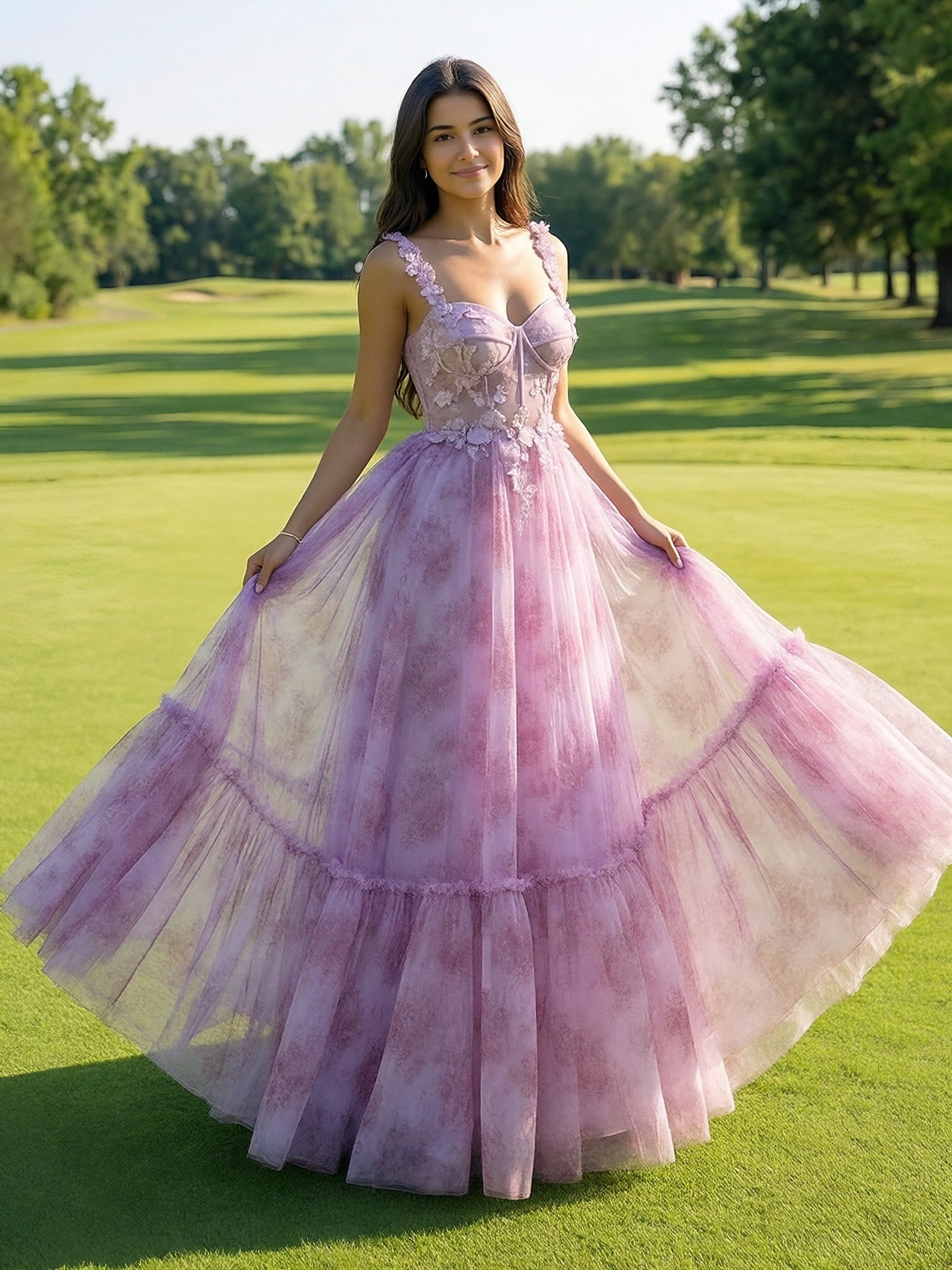 Long Spaghetti Straps Lace Appliques V Neck Floral Print A Line Prom Dresses