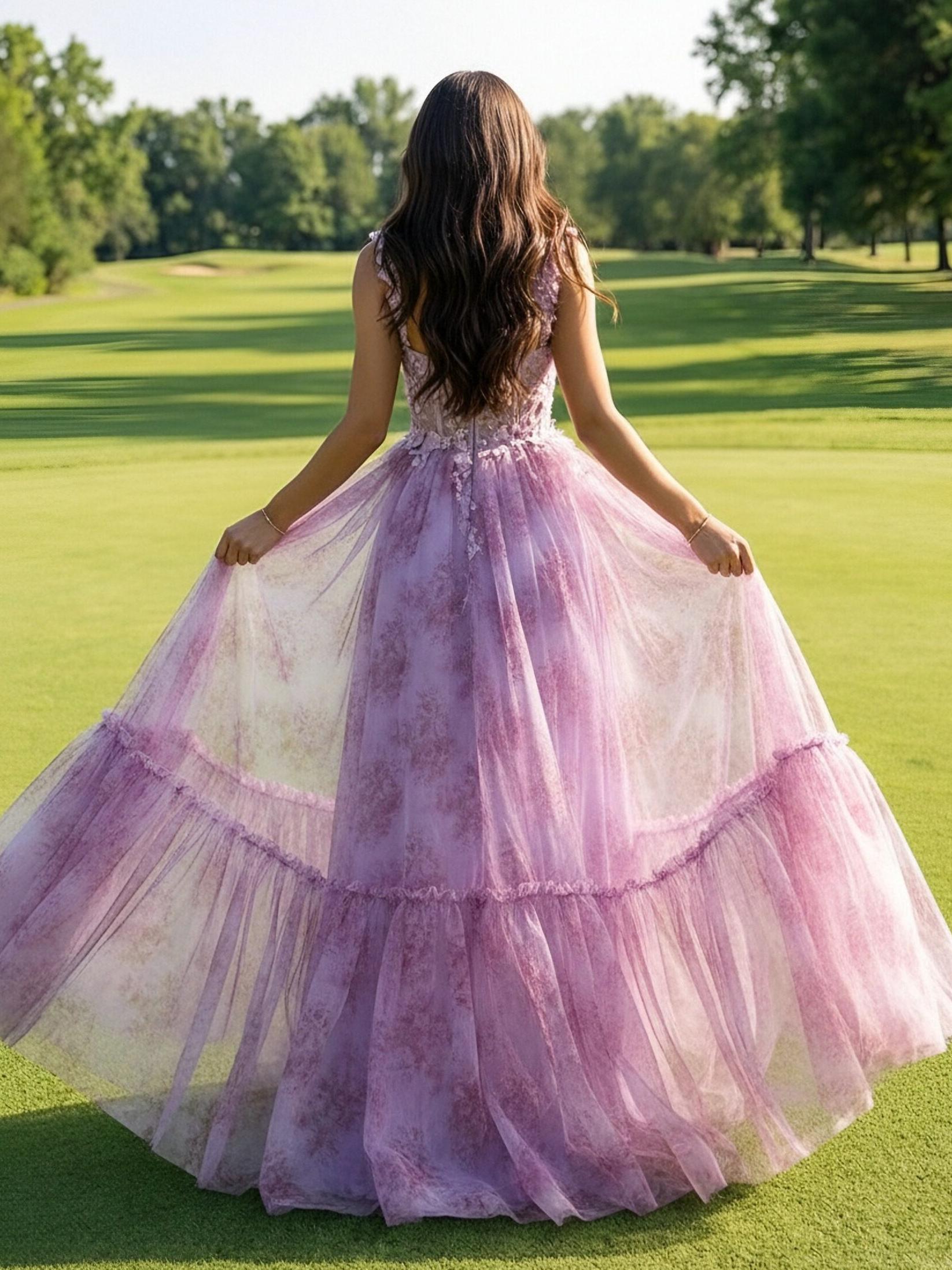 Long Spaghetti Straps Lace Appliques V Neck Floral Print A Line Prom Dresses