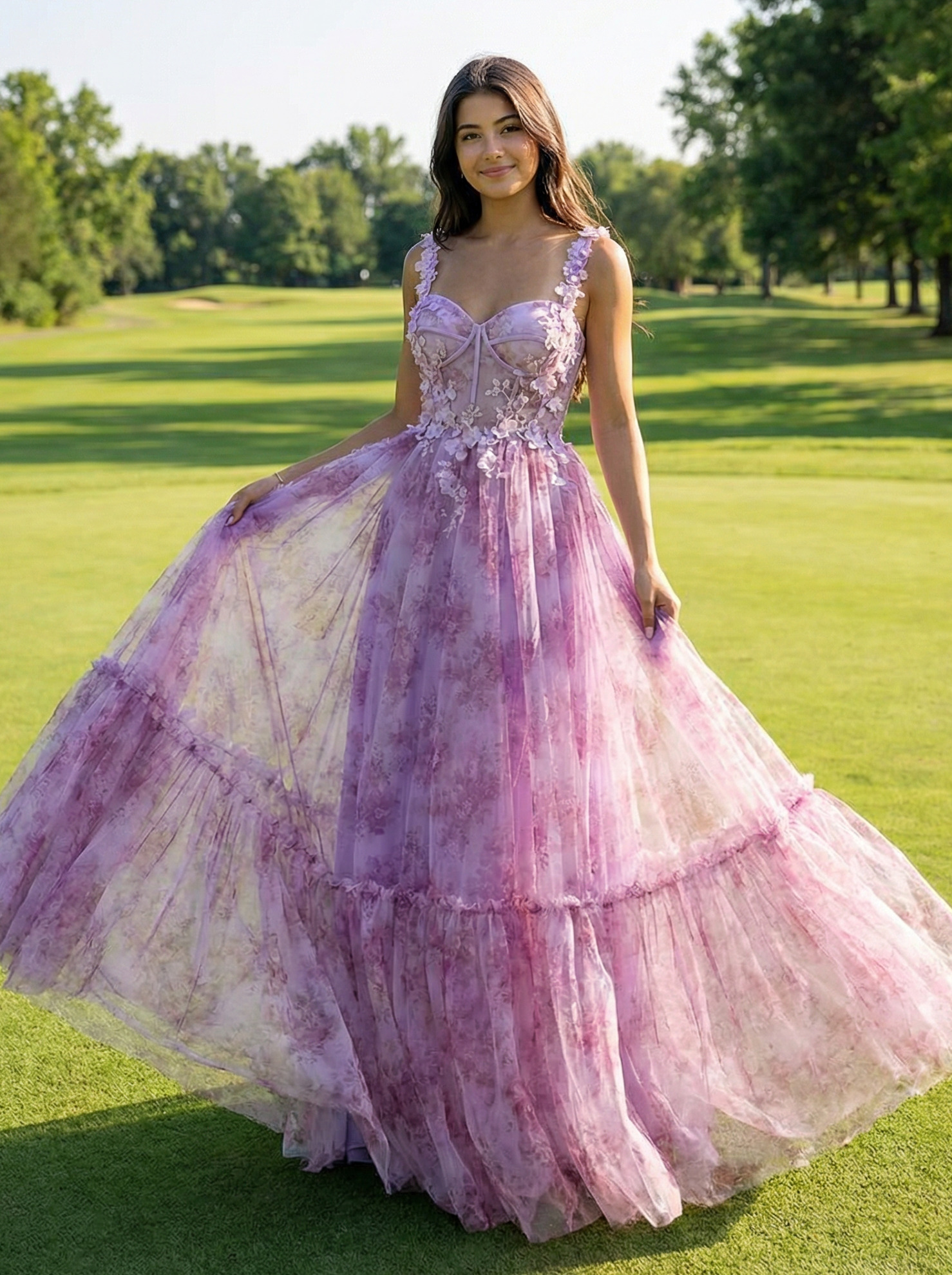 Long Spaghetti Straps Lace Appliques V Neck Floral Print A Line Prom Dresses