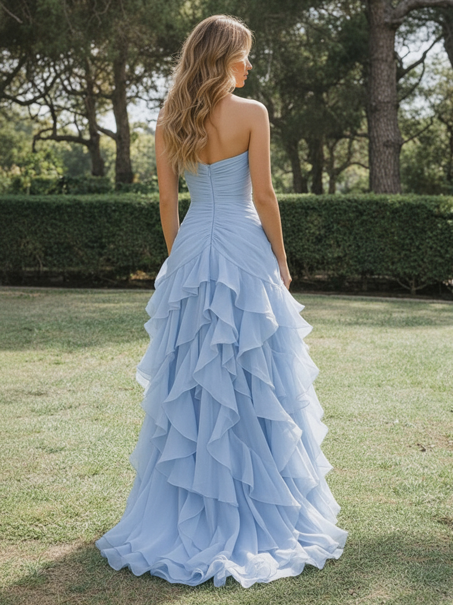 3D Flowers Strapless Tiered Corset Sleeveless A Line Prom Dresses with Slit